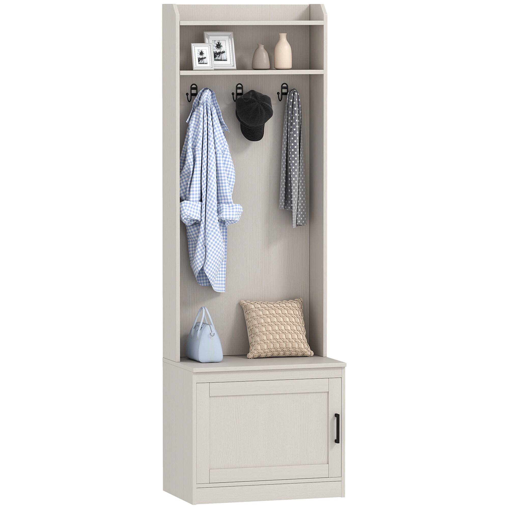 Front. Homcom - Narrow Hall Tree with Shoe Storage Bench, Rustic Entryway Bench with Coat Rack, Accent Coat Tree - White.