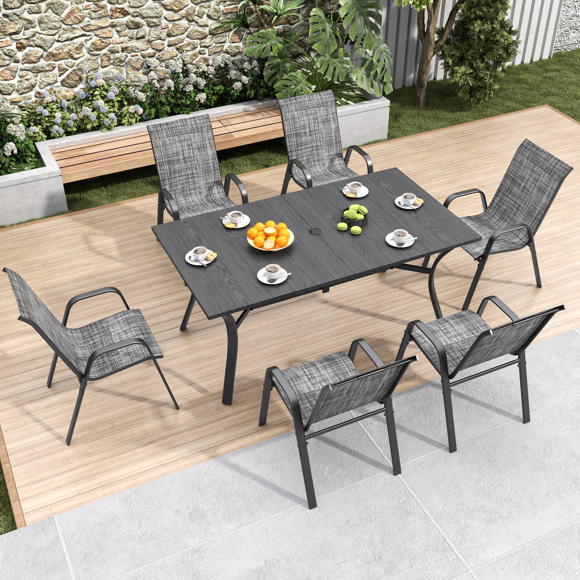 Back. Mondawe - 6-Piece Outdoor Dining Chairs Set, Teslin Fabric and Metal Frame - Blacky+Grey.