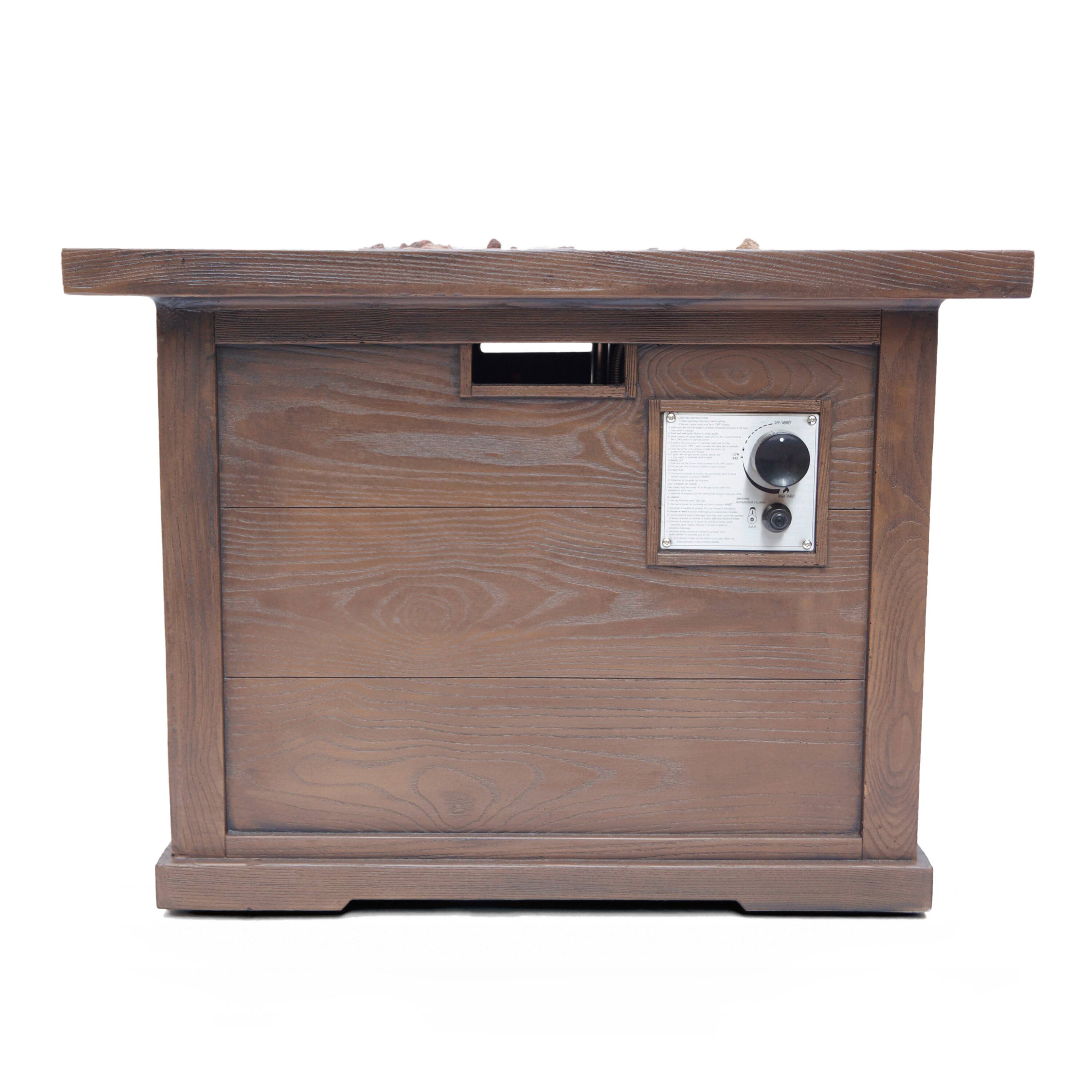 Angle. APRILSOUL - Outdoor Patio 24 inch H x 32 inch W Square Gas Burning MgO Fire Pit Tank Inside Brown Wood Pattern 40000 BTU - Brown.