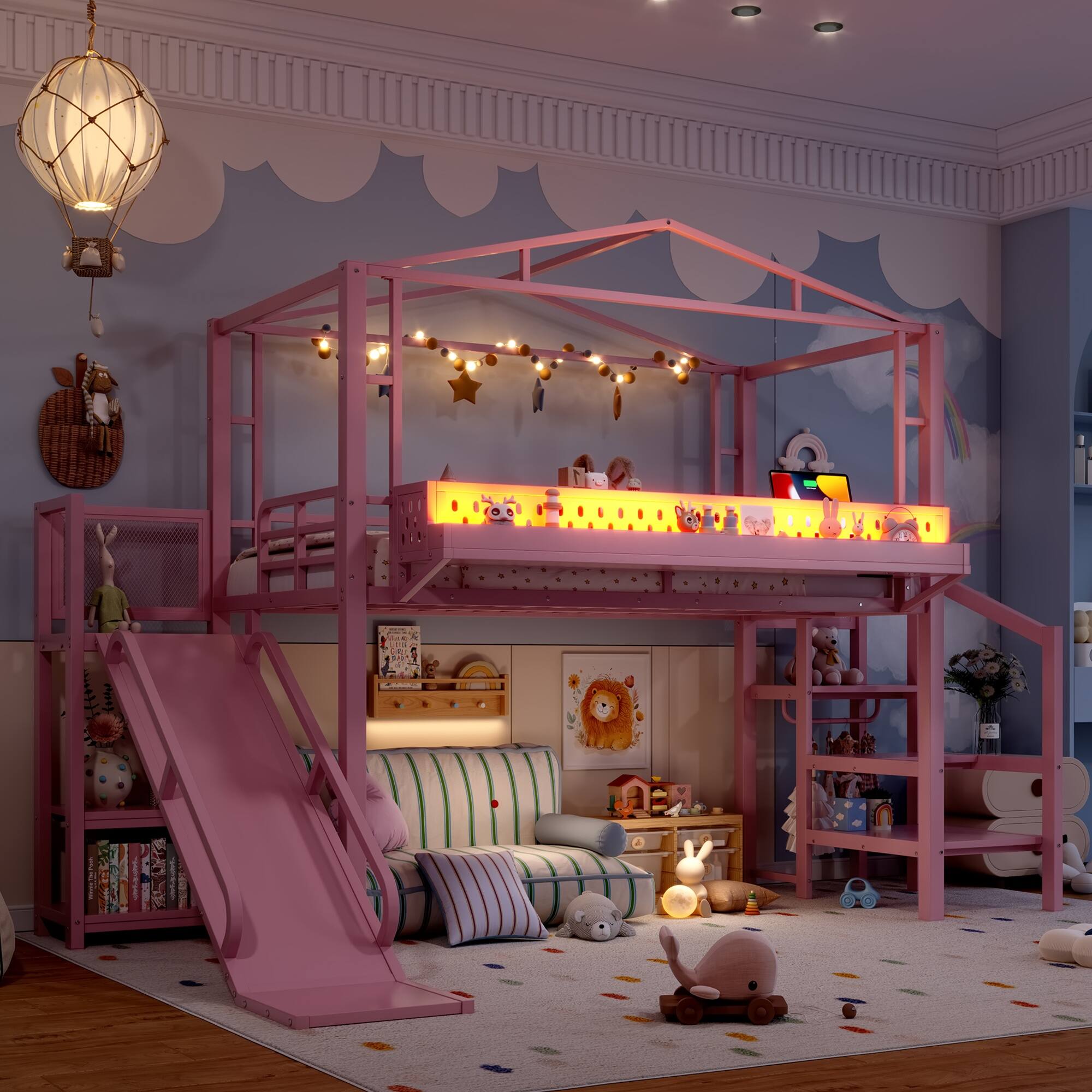 Alt View 1. Boyel Living - Twin Size Loft Bed with Storage Stairs Shelves and Built in Wardrobe Metal Loft Bed Frame - Pink.
