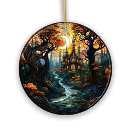 OrnamentallyYou - Sinister Manor Haunted House Stained Glass Style Ceramic Ornament Halloween Themed Christmas Gift - Multi-colored