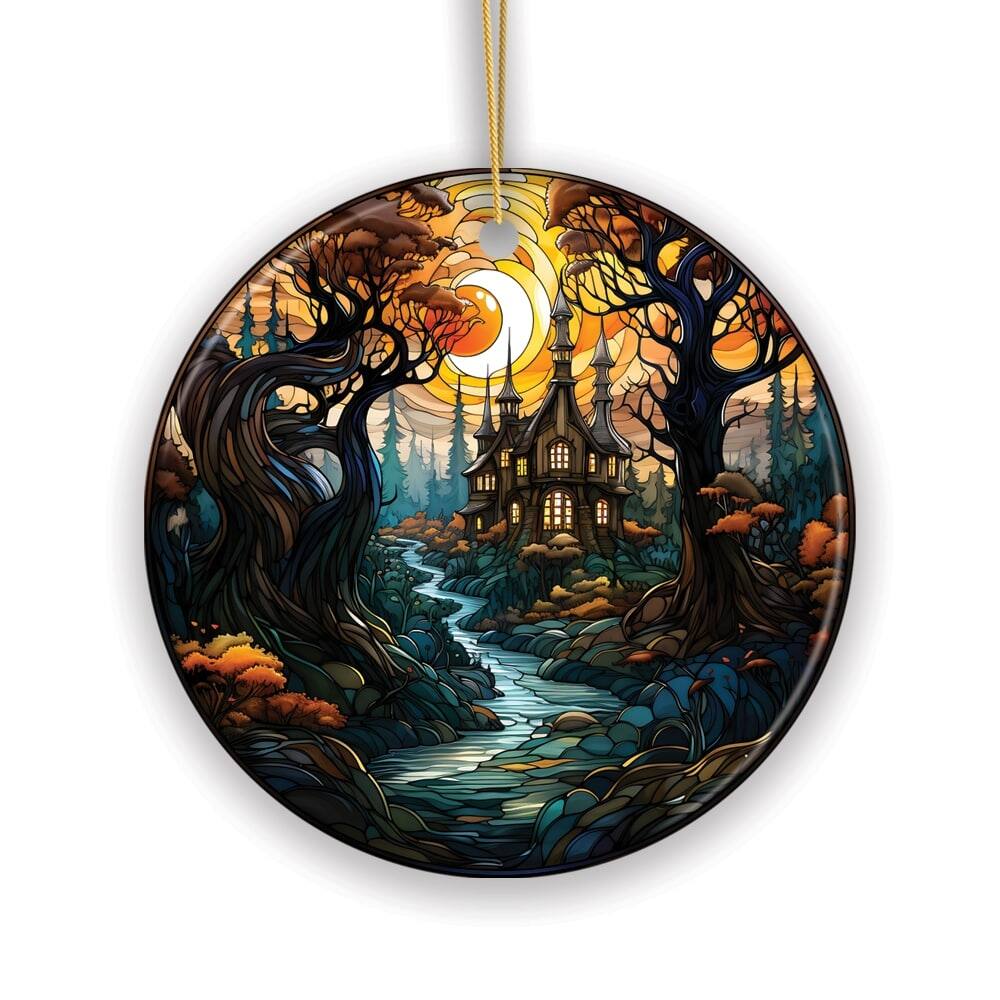 Front. OrnamentallyYou - Sinister Manor Haunted House Stained Glass Style Ceramic Ornament Halloween Themed Christmas Gift - Multi-colored.