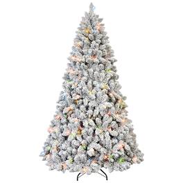 BreeBe - 4FT Flocked Christmas Tree with 150 Colorful UL Lights and 21 Natural Pine Cones 366 Snowy PVC Tips - Green,White