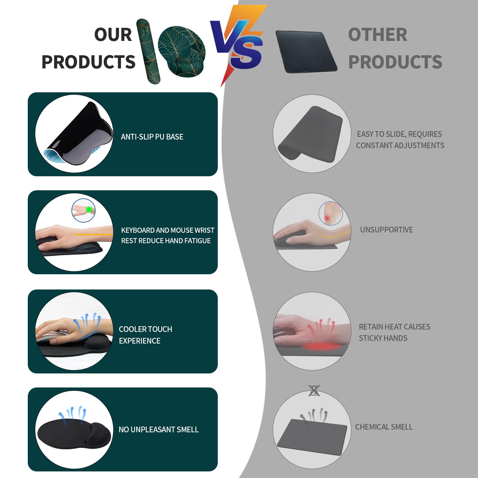 **OUR PRODUCTS**

- Anti-slip PU base
- Keyboard and mouse wrist rest reduce hand fatigue
- Cooler touch experience
- No unpleasant smell

**VS**

**OTHER PRODUCTS**

- Easy to slide, requires constant adjustments
- Unsupportive
- Retain heat causes sticky hands
- Chemical smell