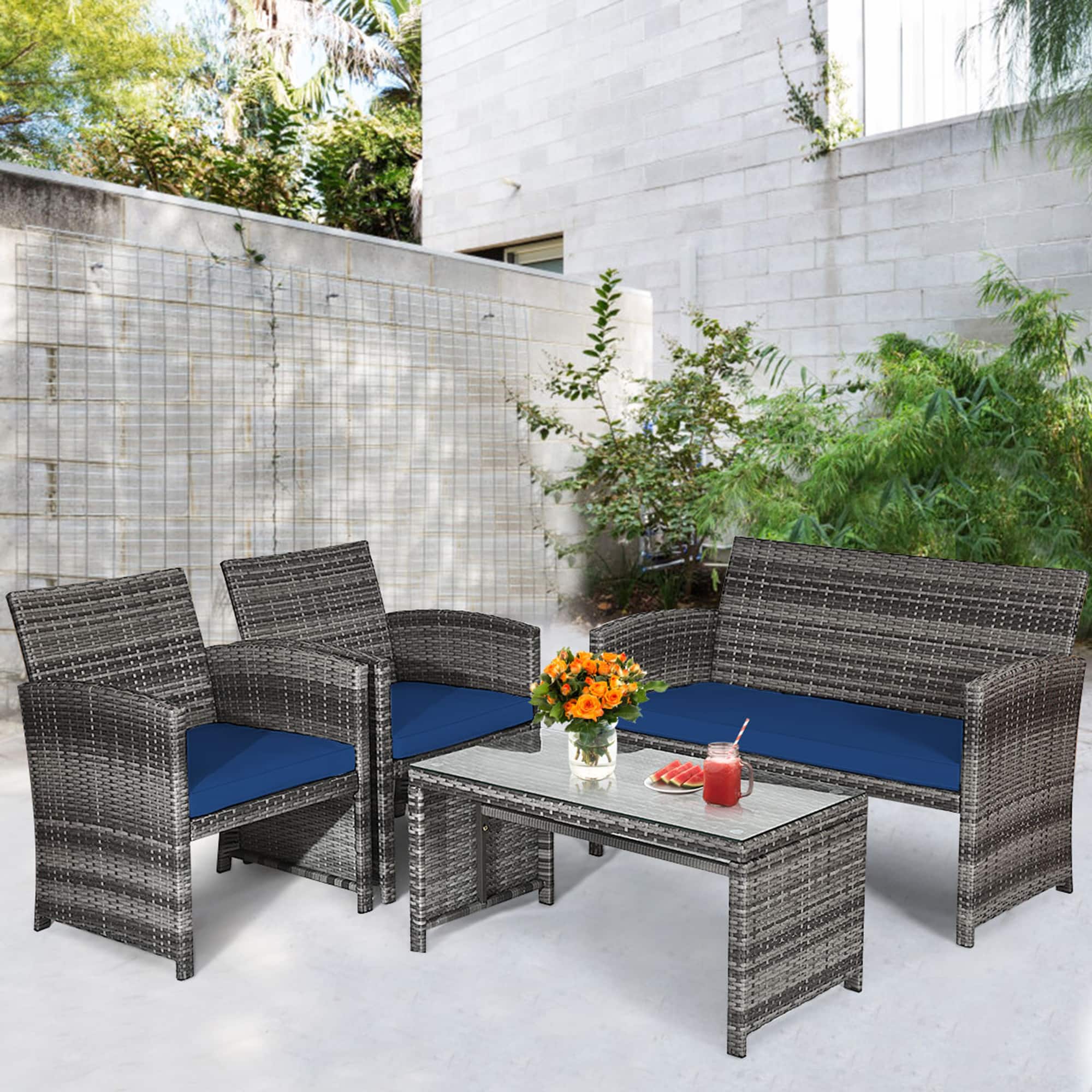 Gymax - 4PCS Patio Outdoor Rattan Conversation Furniture Set w/ Cushion - Navy