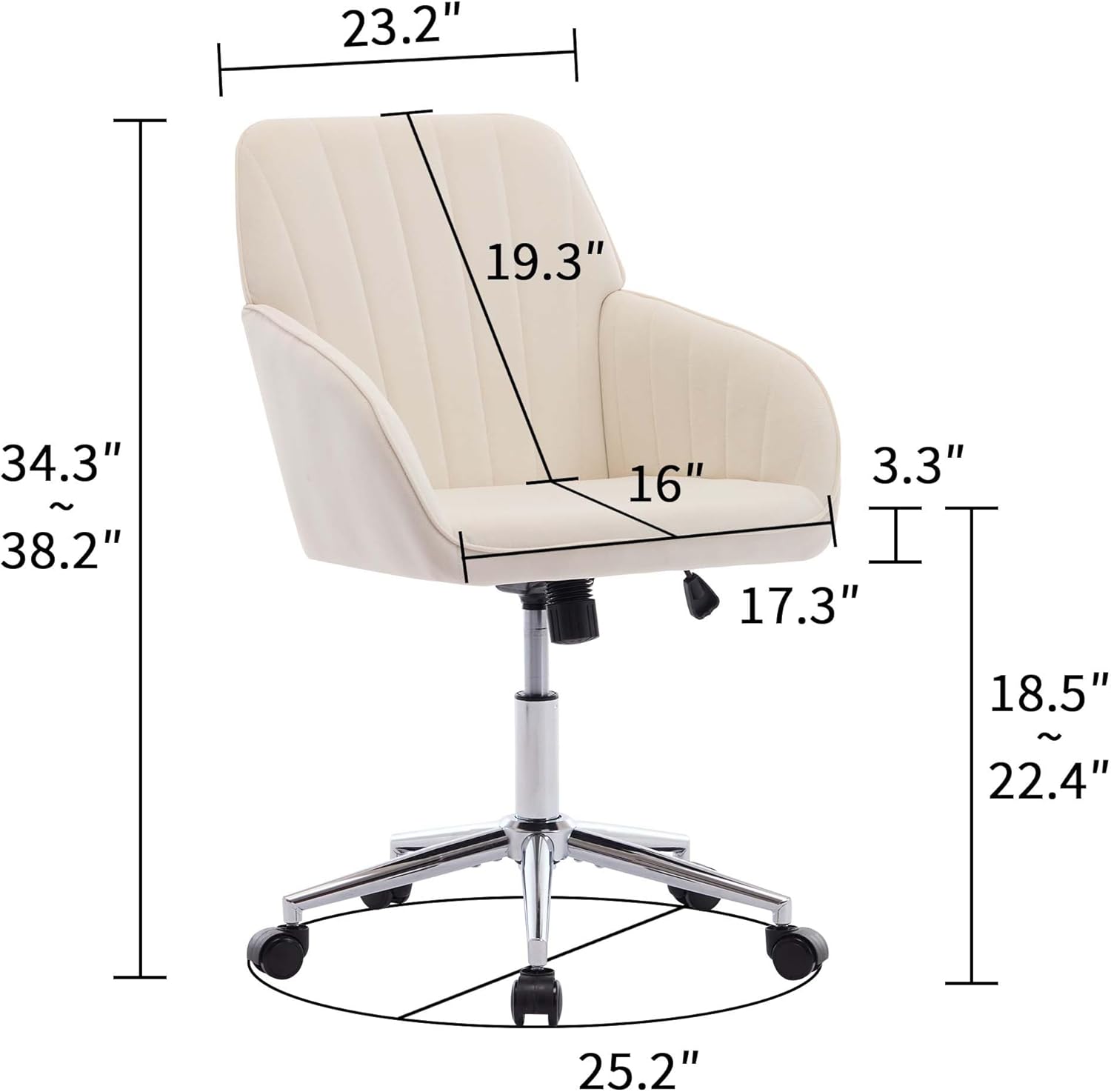 23.2"  
19.3"  
34.3" ~ 38.2"  
16"  
3.3"  
17.3"  
18.5" ~ 22.4"  
25.2"