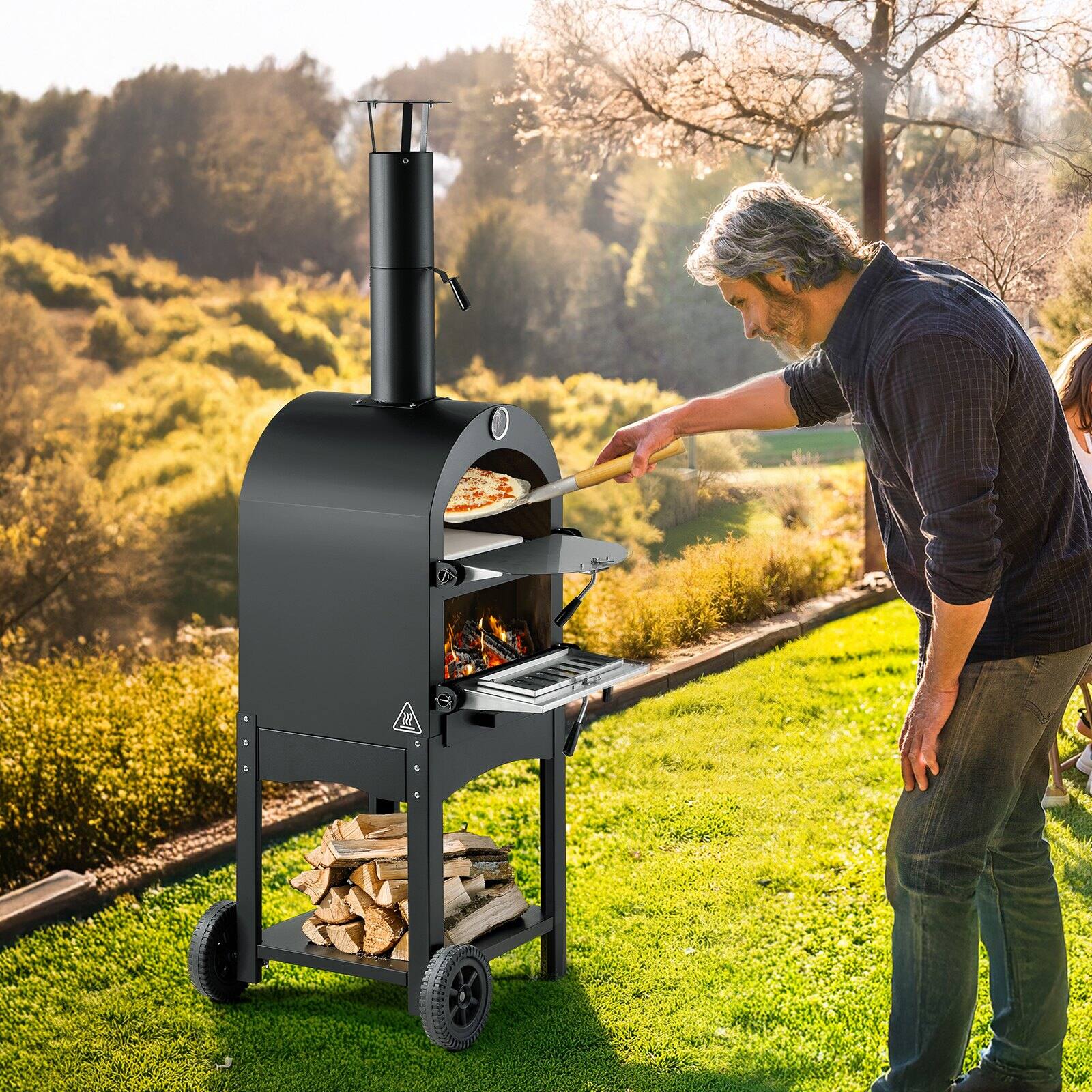 Alt View 1. Glintex - 12in Pizza Oven Outdoor Pellet Maker, 1000°F Max Temp, Portable Design with Wheels - Black.