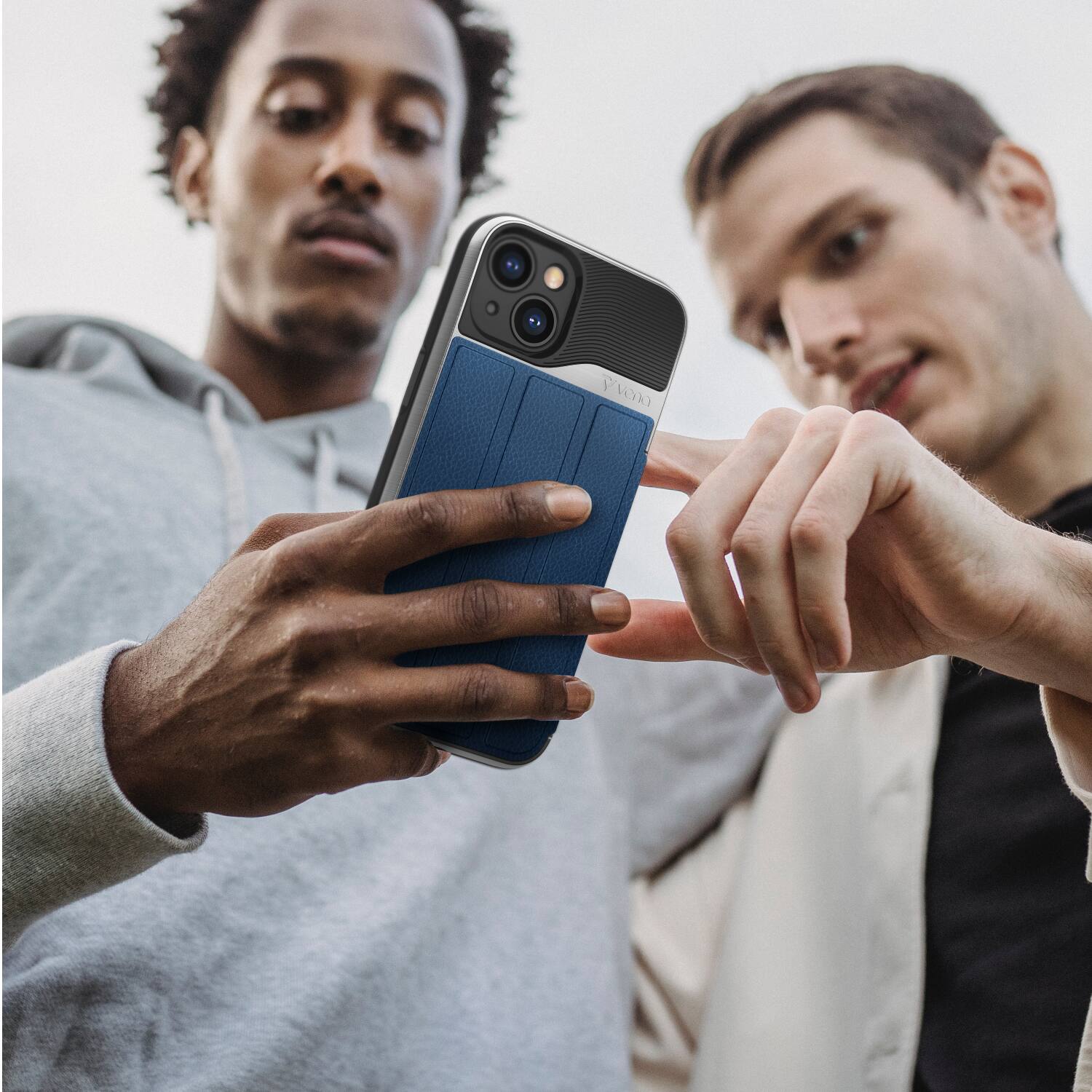 Angle. Vena - vCommute for Apple iPhone 13 Wallet Case, Leather Flip Cover with Card Slot and Kickstand - Blue - Blue.