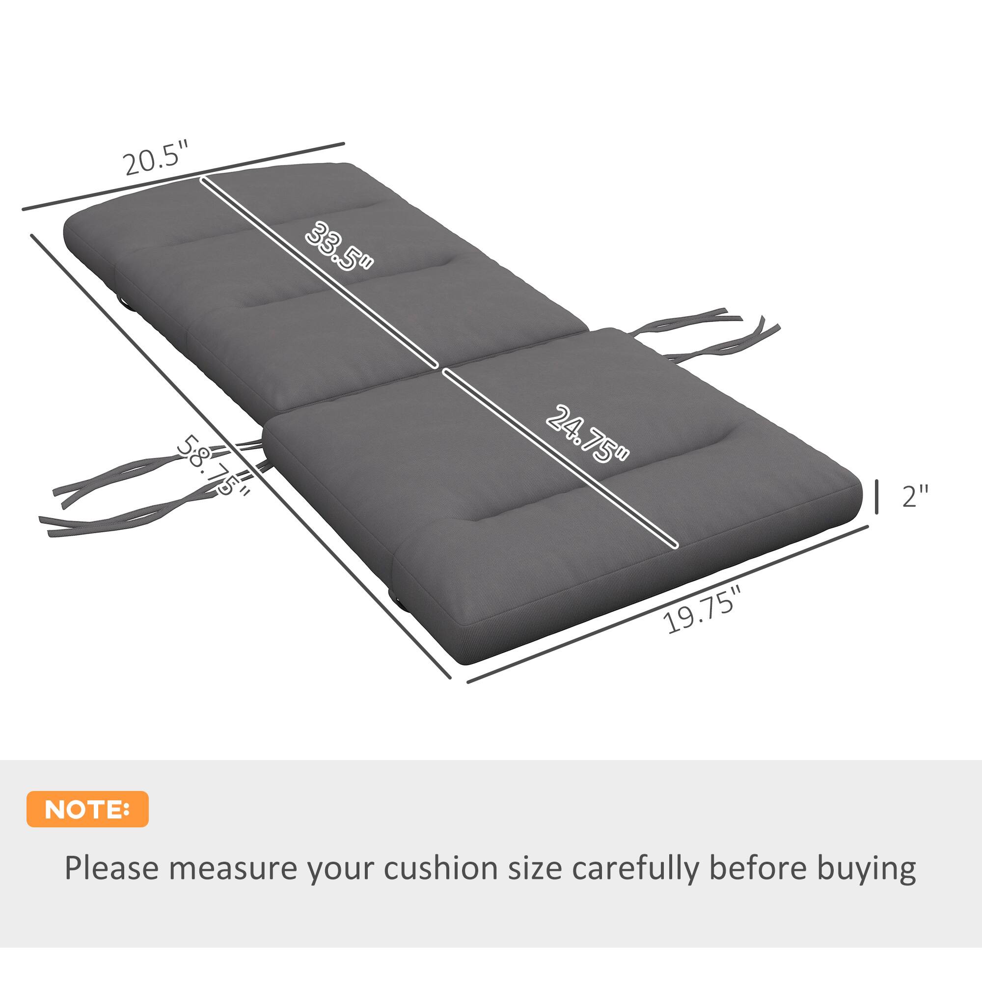 20.5", 33.5", 58.75", 24.75", 2", 19.75" NOTE: Please measure your cushion size carefully before buying