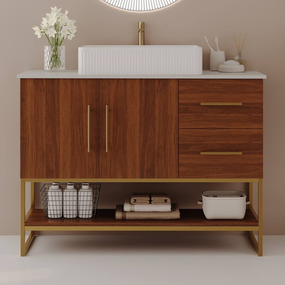 Left. Loheer - Loheer 36 inch modern bathroom vanity with ceramic vessel sink, gold accent freestanding cabinet, walnut - Walnut, Gold, White.