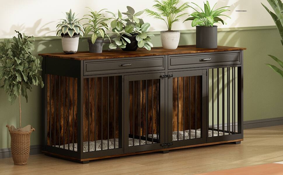 Alt View 10. FUFU & GAGA - Double Dog Crate Furniture with Storage - Convertible 2-Room Pet House for Living Room.