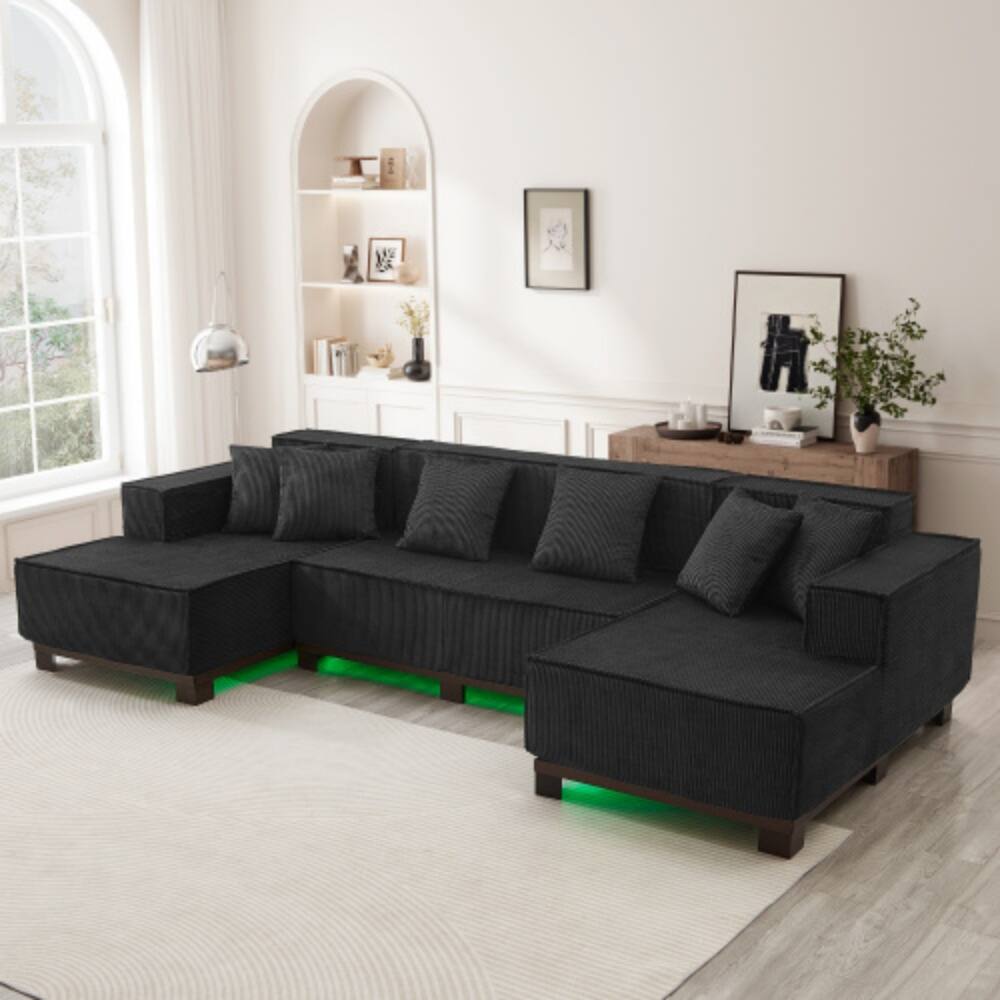 Angle. LUCKY ONE - 130" U-Shaped Sectional Sofa w/ RGB LED Light Strip & 6 Pillows Corduroy Fabric - Black.