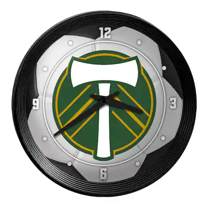 Front. The Fan-Brand - Portland Timbers 15" Ribbed Frame Soccer Ball Wall Clock - Multicolor.