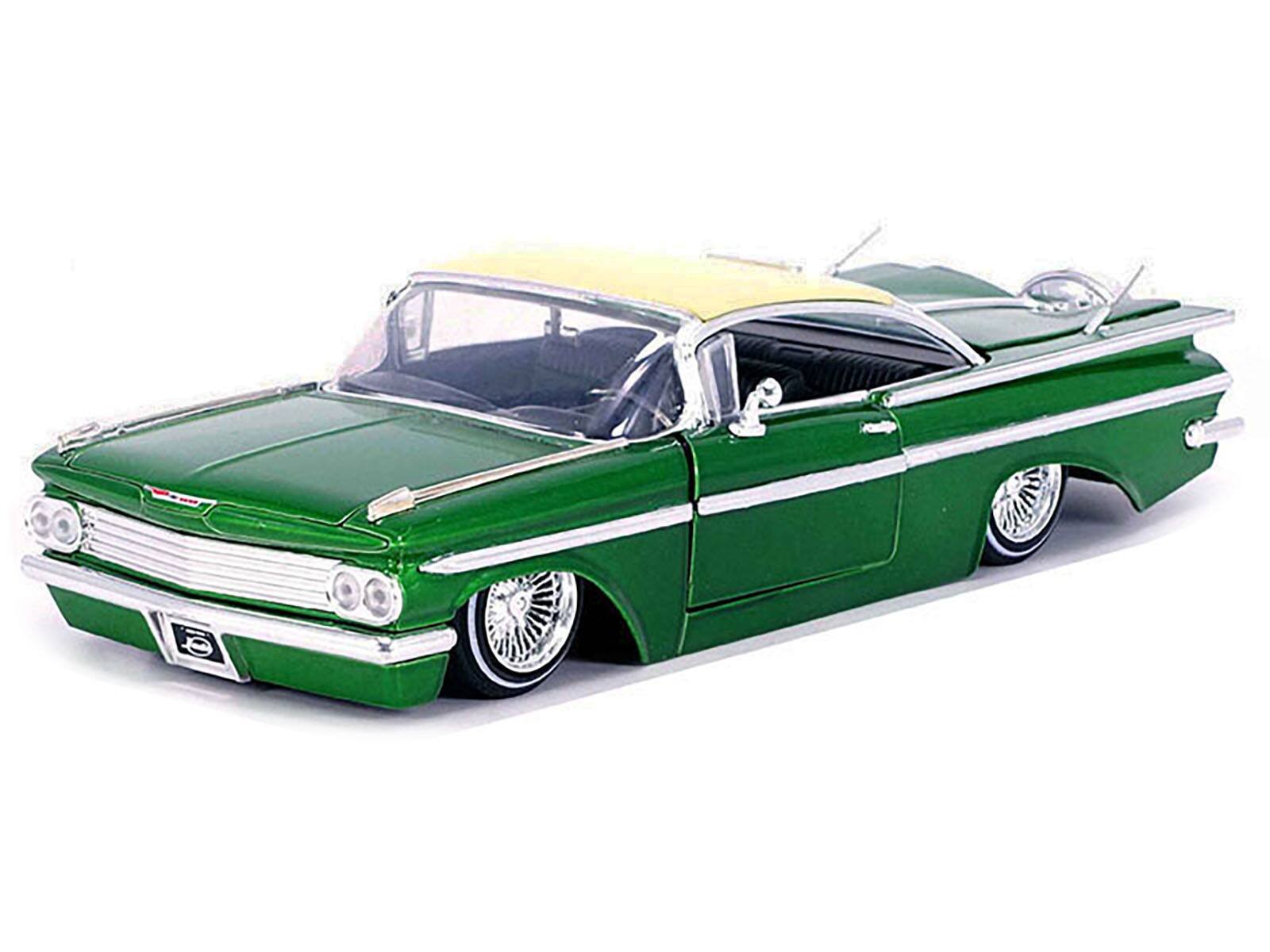 Angle. Jada - 1959 Chevrolet Impala Lowrider Green Metallic with Cream Top and Wire Wheels "Street Low" Series 1/24 - Green Metallic With Cream.