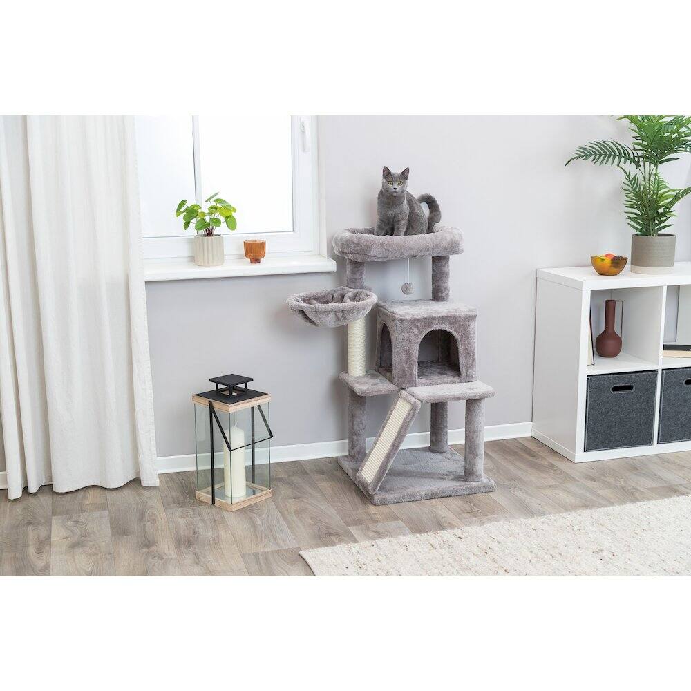 Angle. TRIXIE - Pepito Plush & Sisal 2-Level 39.4" Cat Tree with Scratching Posts & Condo, Gray - Gray.