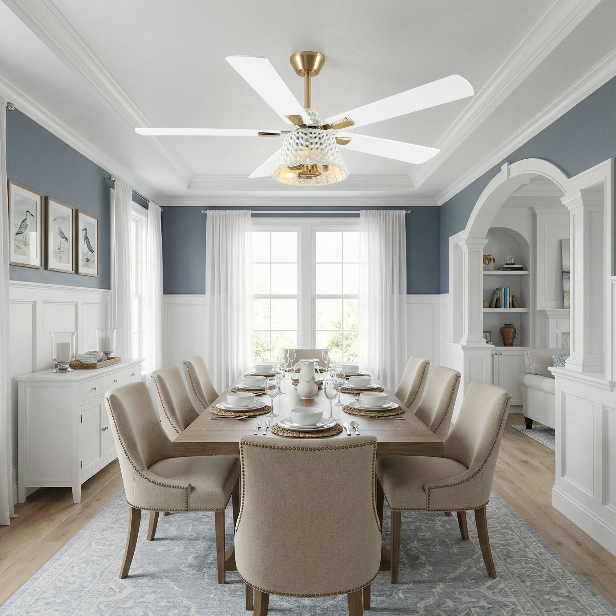 Left. Parrot Uncle - 52" Bohemian Brass Ceiling Fan with Remote and White Woven Plastic Rattan - Brass.