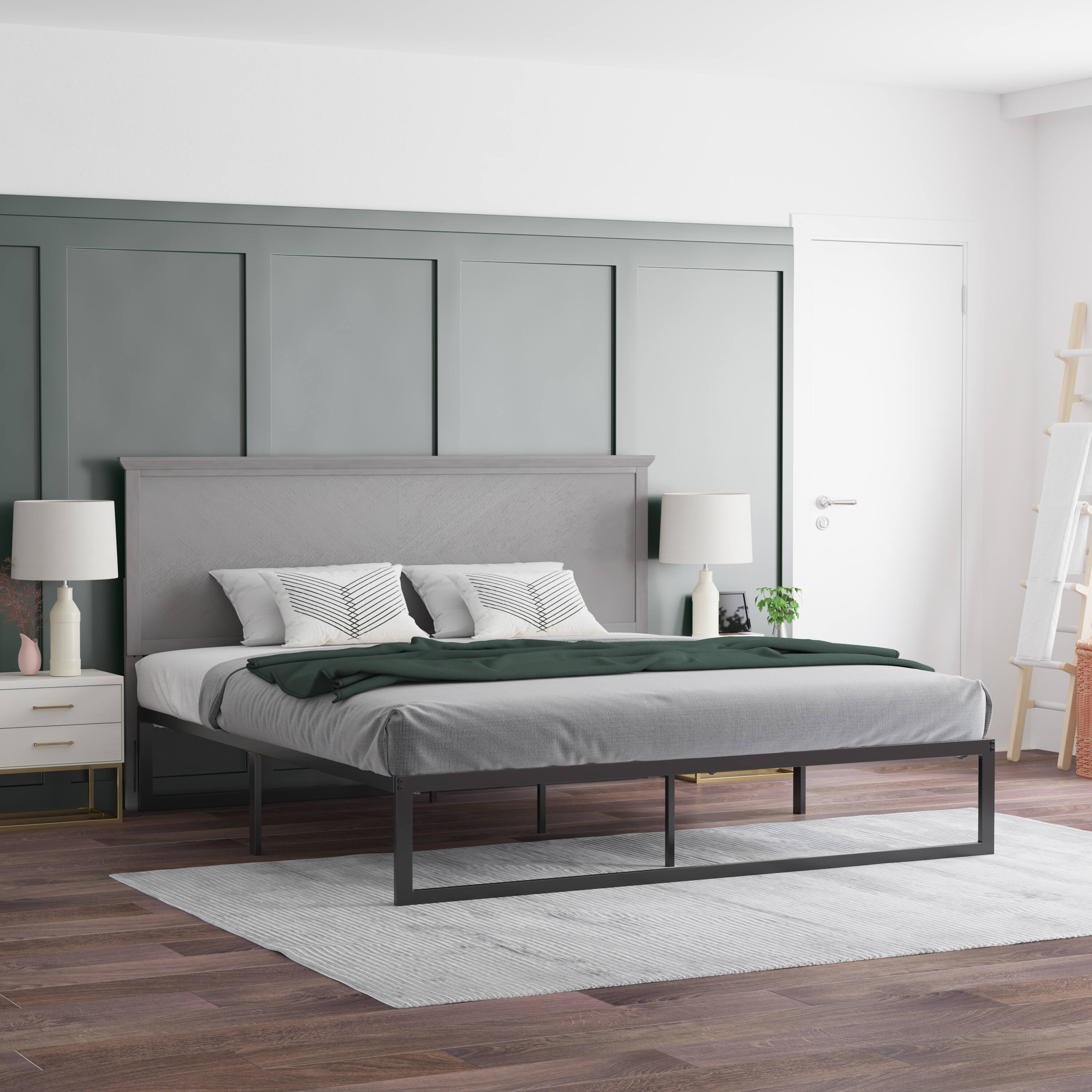 Alt View 4. Emma + Oliver - Frenti Herring Bone Wooden Adjustable Headboard Only - Gray Wash.