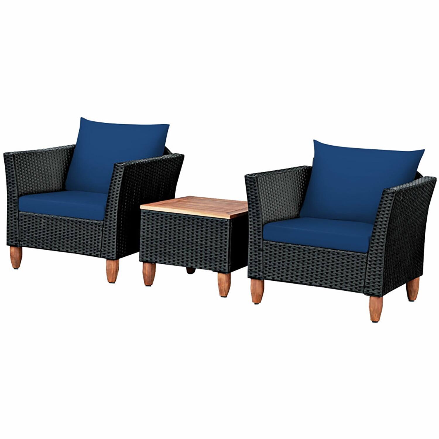 Alt View 4. Kadyn - 3 Pieces Outdoor Patio Rattan Furniture Set with Coffee Table and CushionsBlue - Navy.