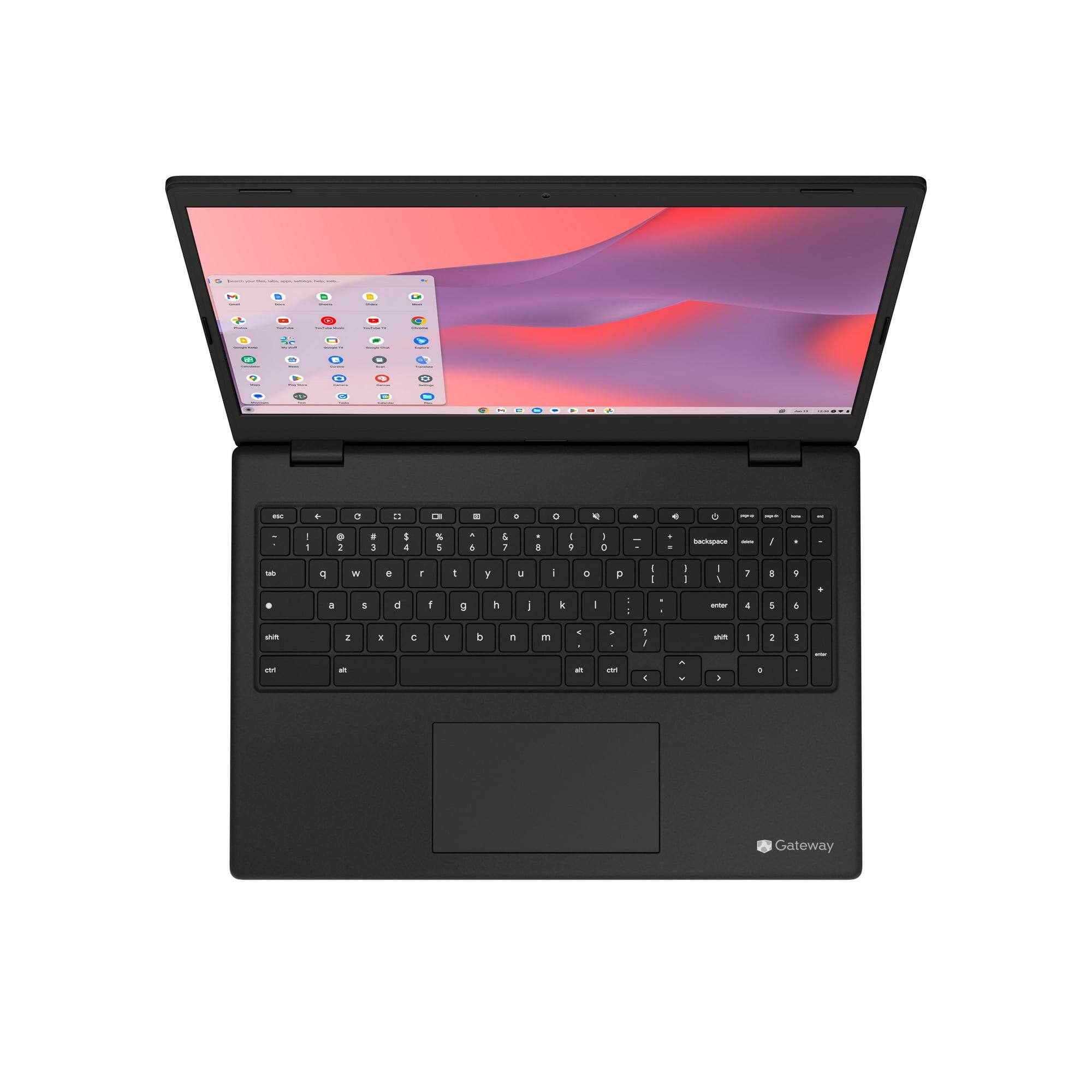 I'd like to introduce you to the Gateway laptop. It features a sleek design with a vibrant display and a comfortable keyboard. The screen shows a colorful wallpaper with various app icons, making it perfect for both work and entertainment.