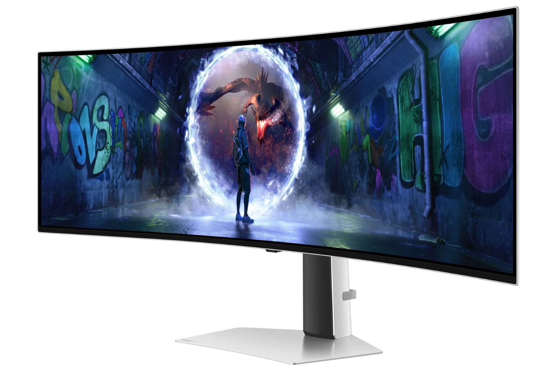 Left. Samsung - Samsung 49" Odyssey OLED G9 (G93SD) Dual QHD 240Hz Curved Gaming Monitor (DisplayPort, HDMI, USB Type-C) - Silver.