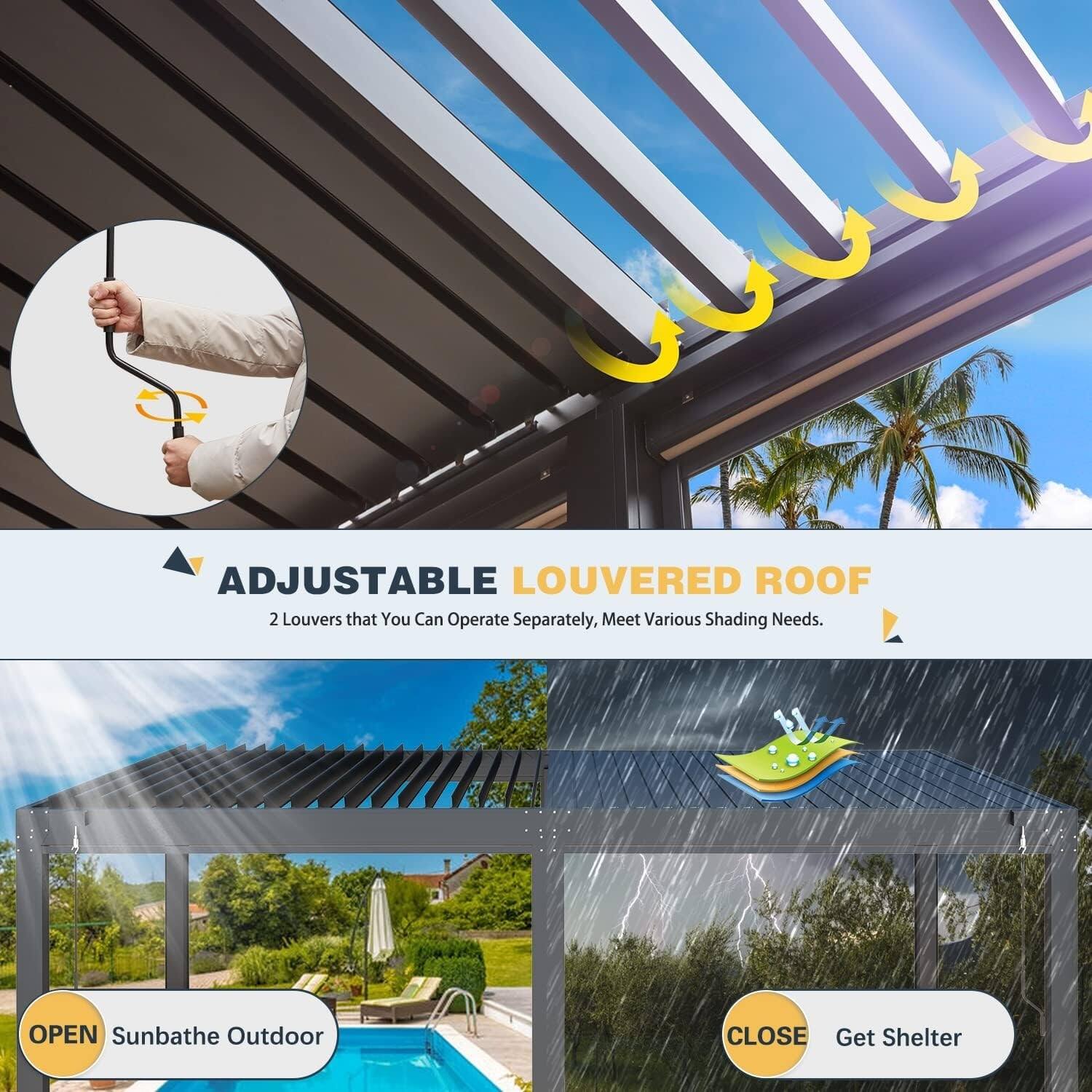 ADJUSTABLE LOUVERED ROOF  
2 Louvers that You Can Operate Separately, Meet Various Shading Needs.

OPEN  
Sunbathe Outdoor

CLOSE  
Get Shelter