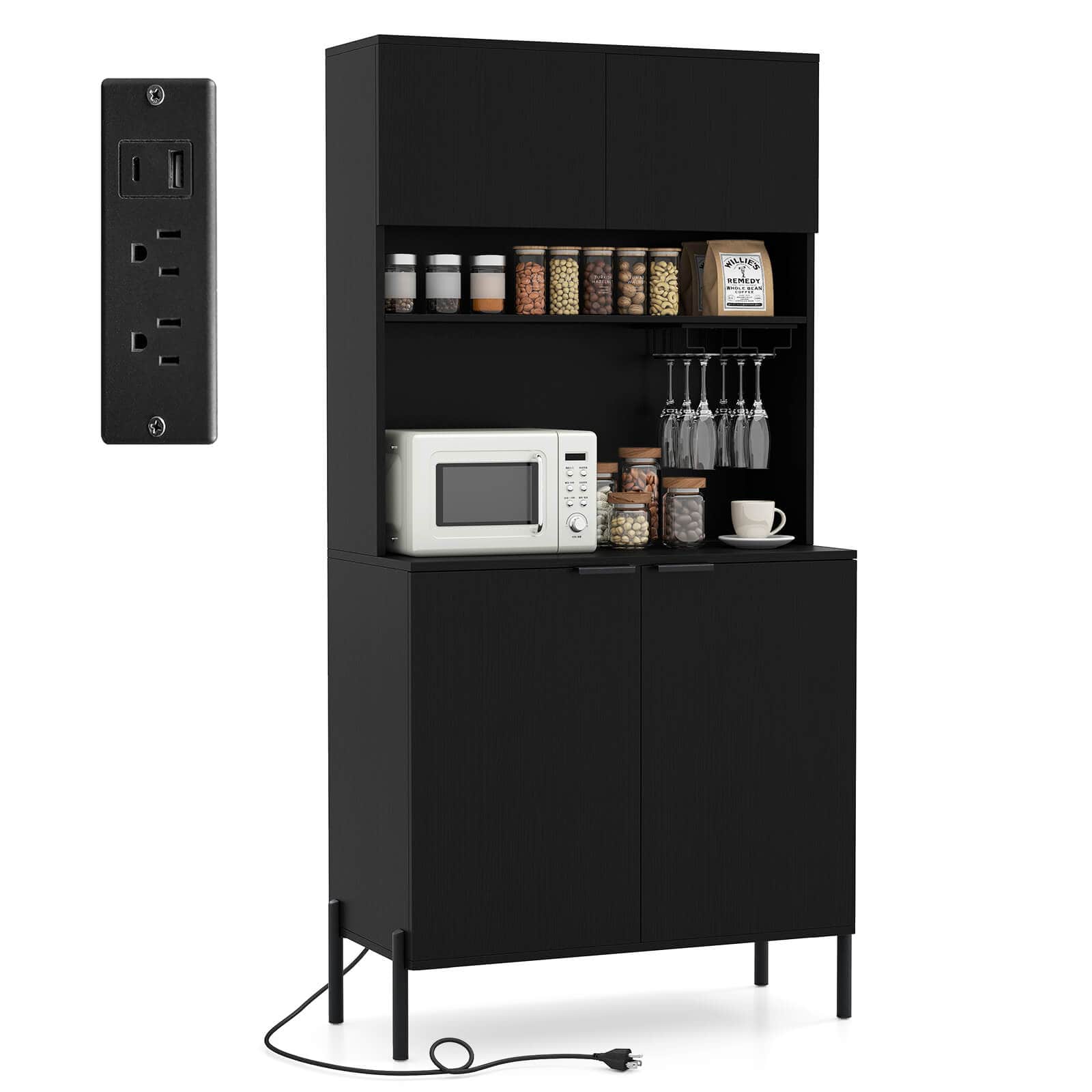 "Costway - 64.5"" Kitchen Pantry Cabinet with Charging Station Wine Glass Rack Adjustable Shelf - Black" price history on PriceWatchPro