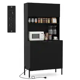 Costway - 64.5" Kitchen Pantry Cabinet with Charging Station Wine Glass Rack Adjustable Shelf - Black
