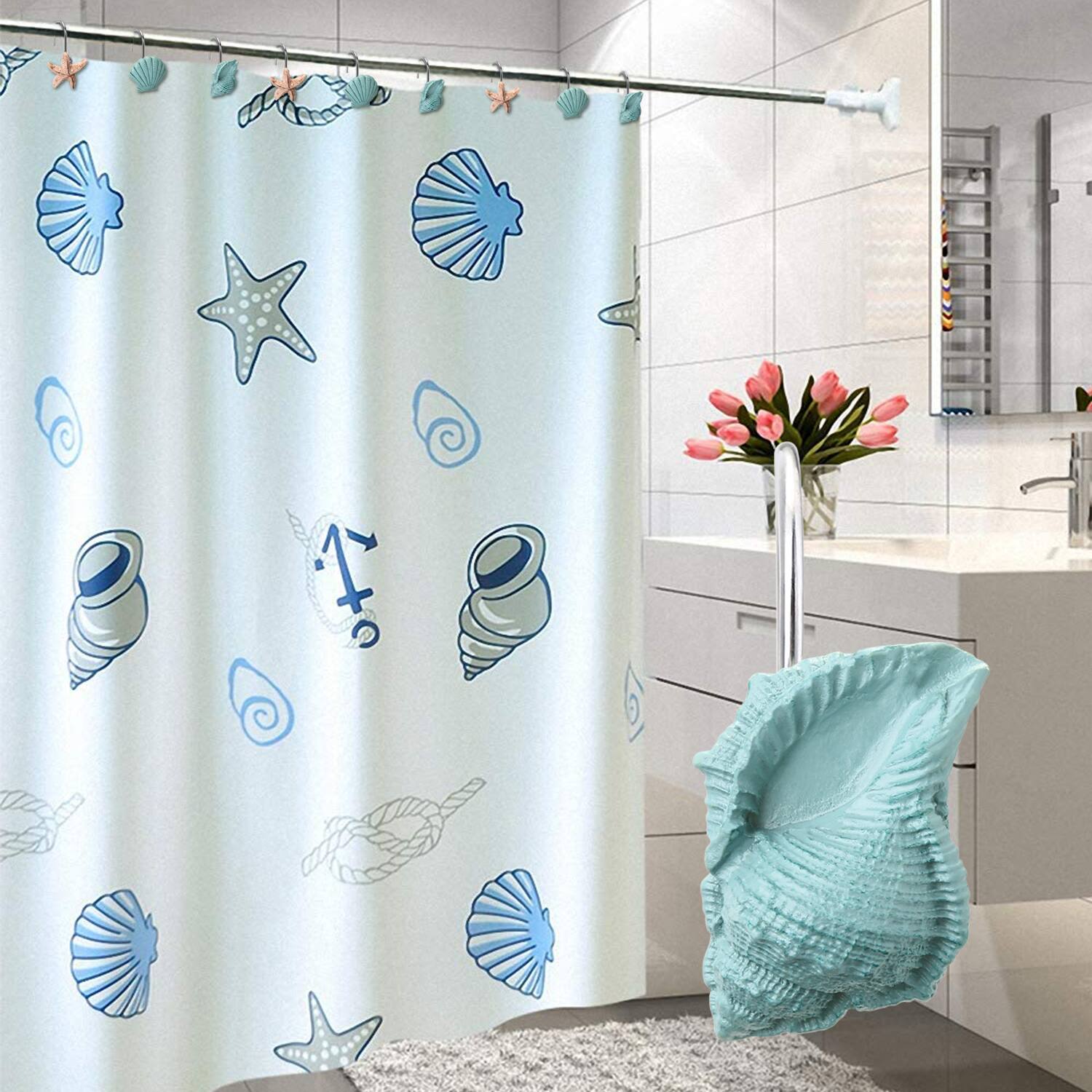 Alt View 4. AGPtek - 12PCS Seashell Anti Rust Decorative Shower Curtain Hooks - Blue.
