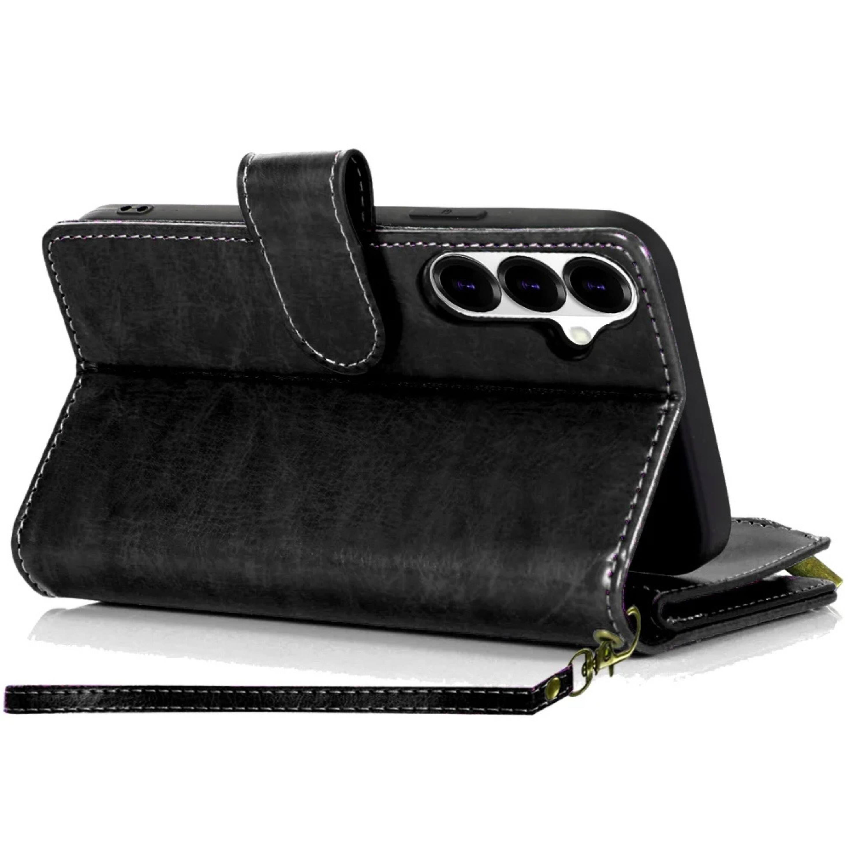 Angle. Kitcheniva - Luxury Phone Wallet Case With Zipper Holder And Tempered Glass For Samsung S26 FE Rose Gold - Rose Gold.