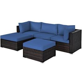 Costway - 5PCS Patio Rattan Furniture Set Sectional Conversation Set Ottoman Table - Navy