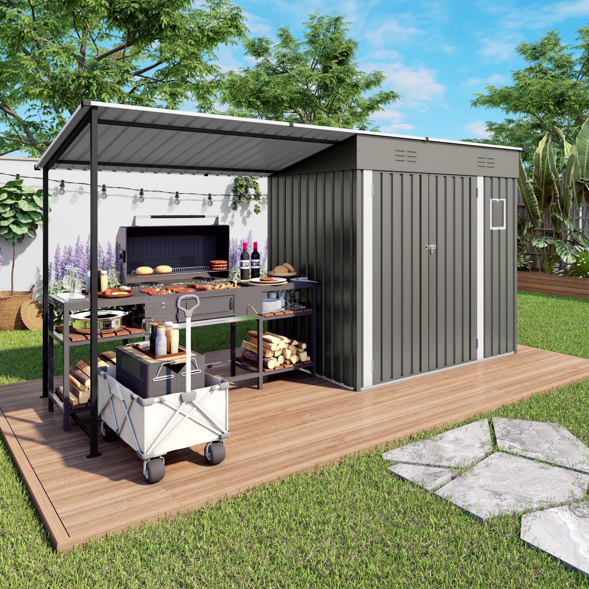 Alt View 9. Loheer - Loheer 12x4ft Metal Lean to Shed with Pergola and Attached Hardtop Gazebo Combo.