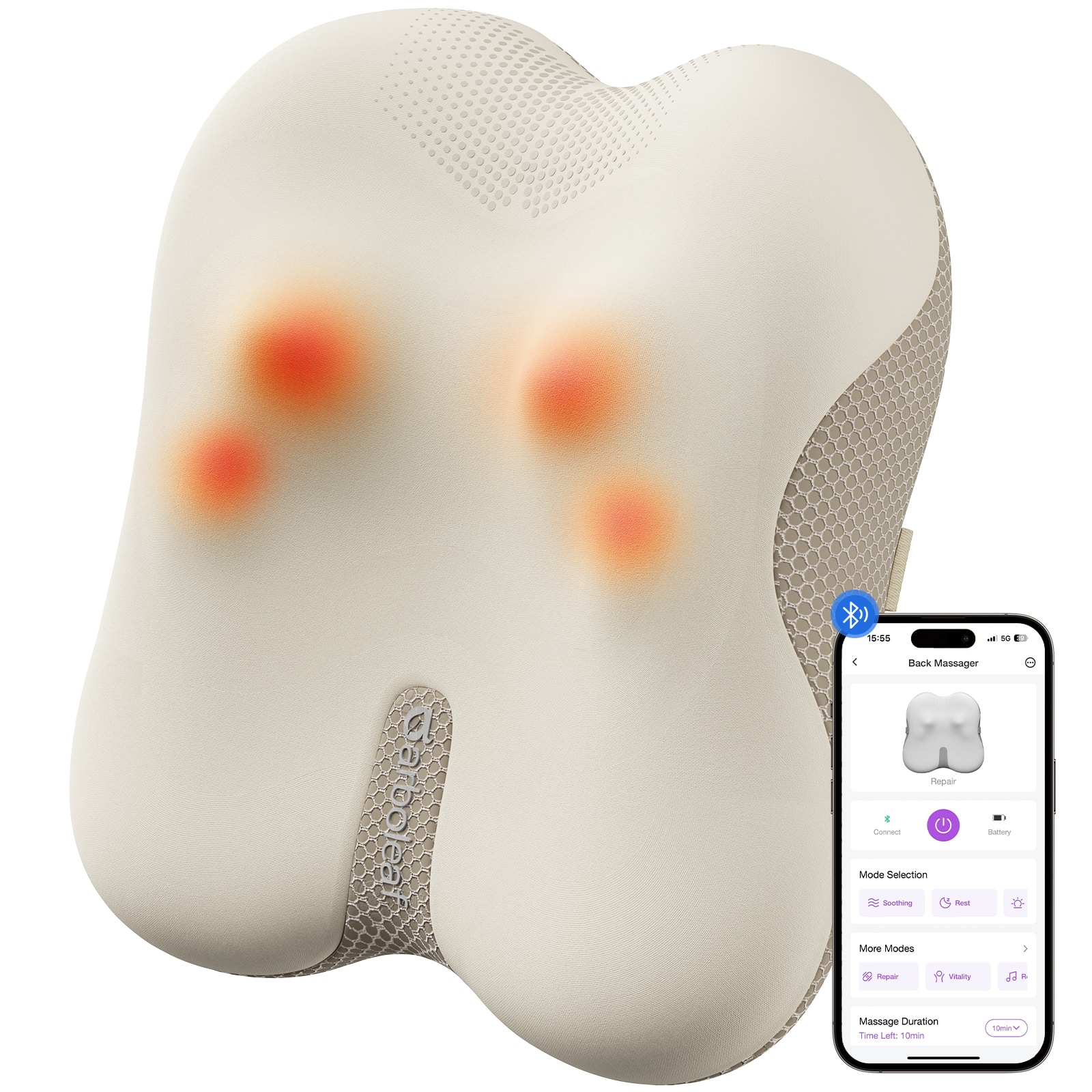 Arboleaf - Cordless Back & Neck Massager with Heat, Bluetooth App Control, Deep Kneading Shiatsu for Home, Car & Travel - Off-white