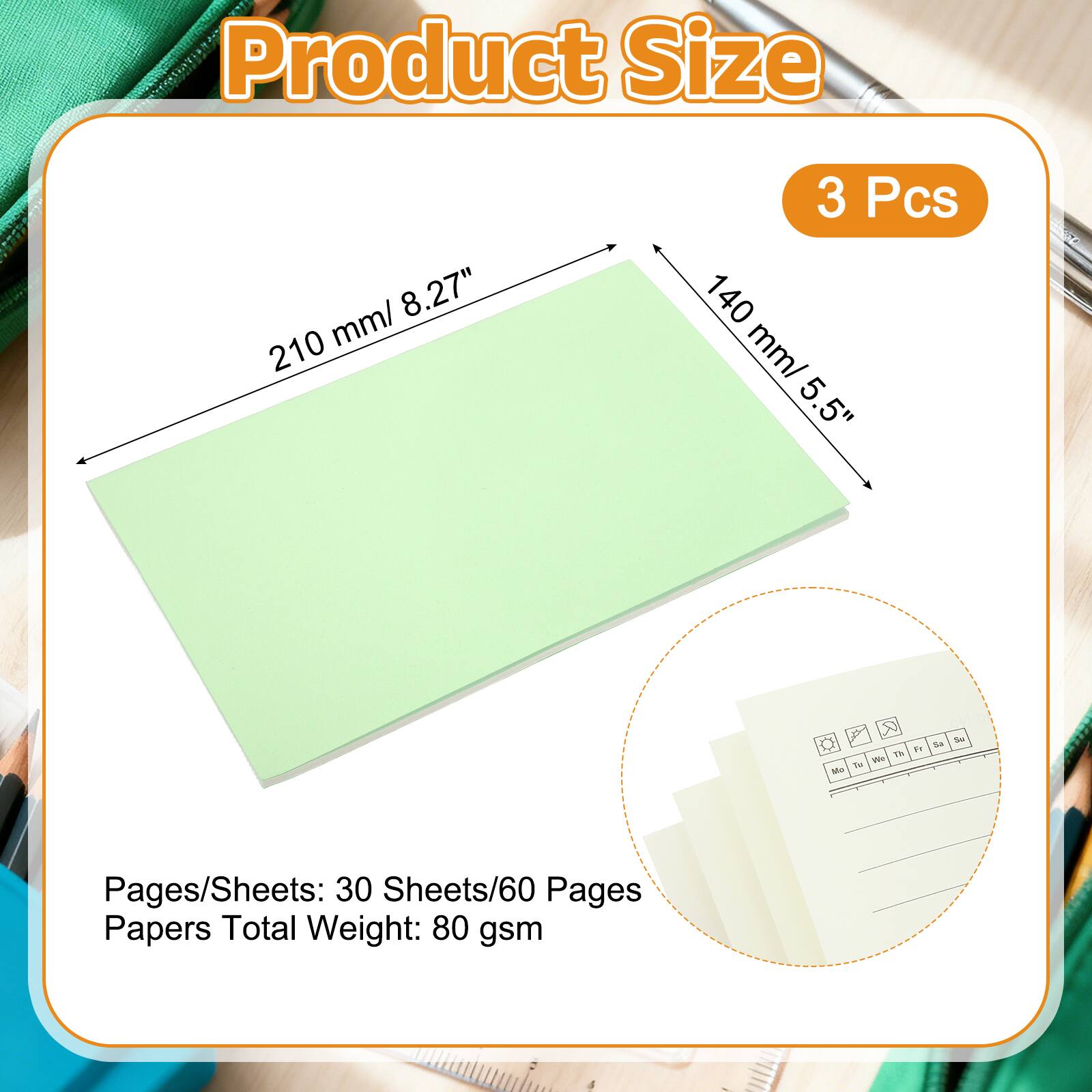 Product Size: 210 mm/ 8.27" x 140 mm/ 5.5"  
3 Pcs  
Pages/Sheets: 30 Sheets/60 Pages  
Papers Total Weight: 80 gsm