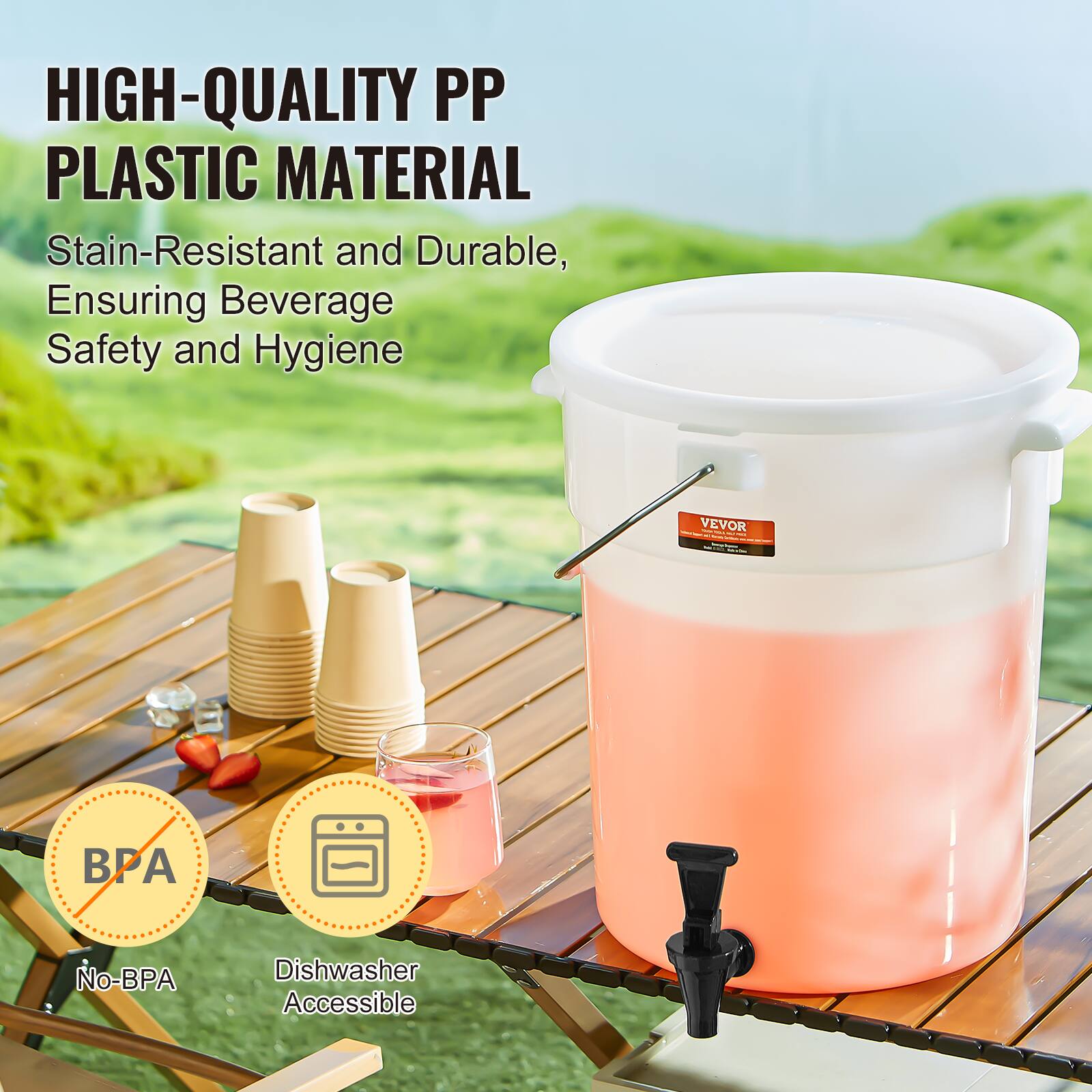 HIGH-QUALITY PP PLASTIC MATERIAL  
Stain-Resistant and Durable, Ensuring Beverage Safety and Hygiene  

No-BPA  
Dishwasher Accessible