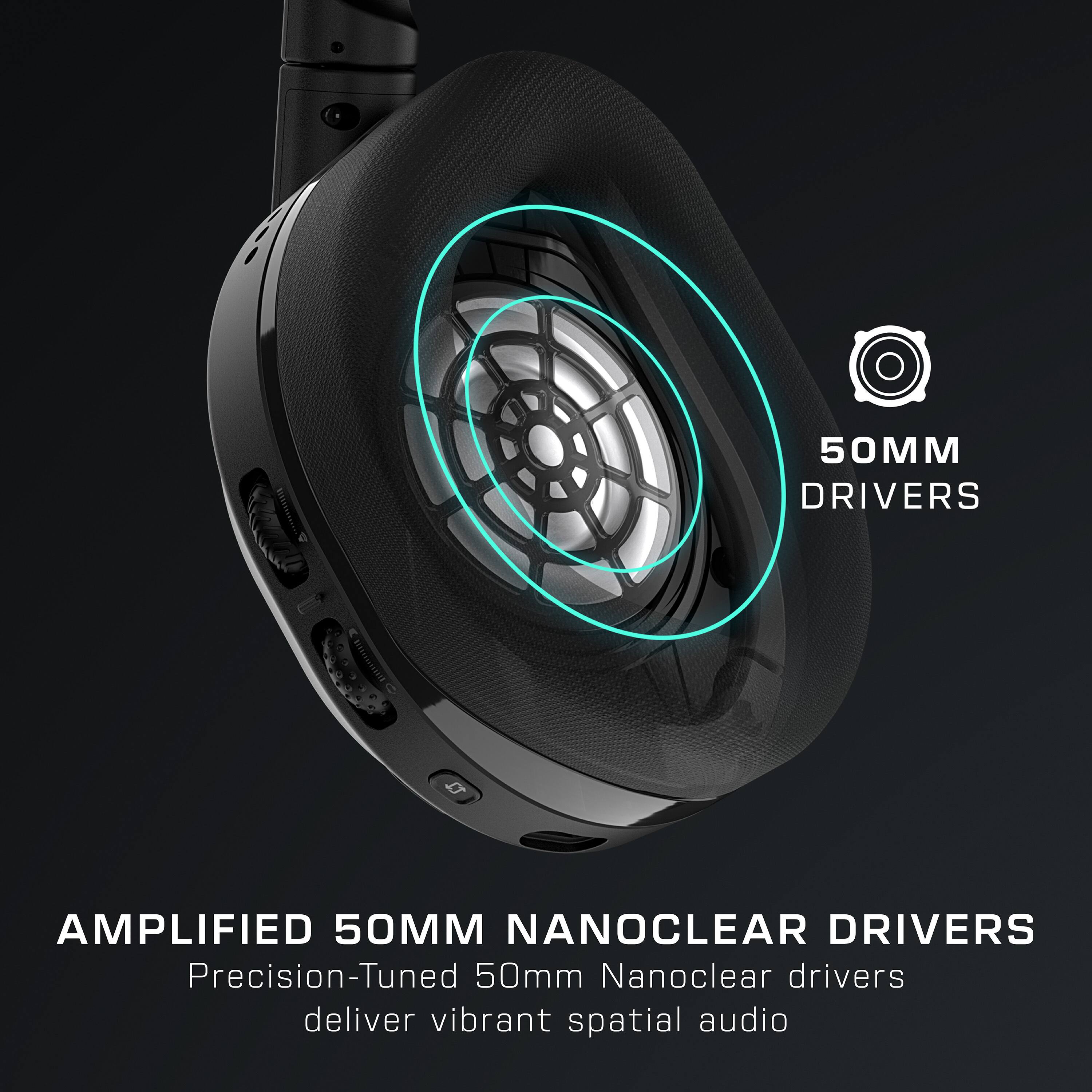 The text on the image reads: "50MM DRIVERS AMPLIFIED 50MM NANOCLEAR DRIVERS Precision-Tuned 50mm Nanoclear drivers deliver vibrant spatial audio."