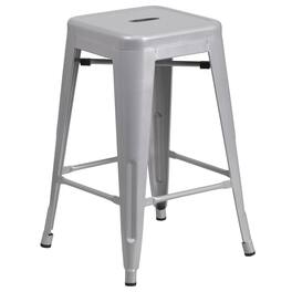 Emma + Oliver - Commercial Grade 24"H Backless Metal Indoor-Outdoor Counter Stool w/ Square Seat - Silver