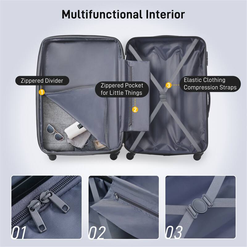 Multifunctional Interior  
1. Zippered Divider  
2. Zippered Pocket for Little Things  
3. Elastic Clothing Compression Straps