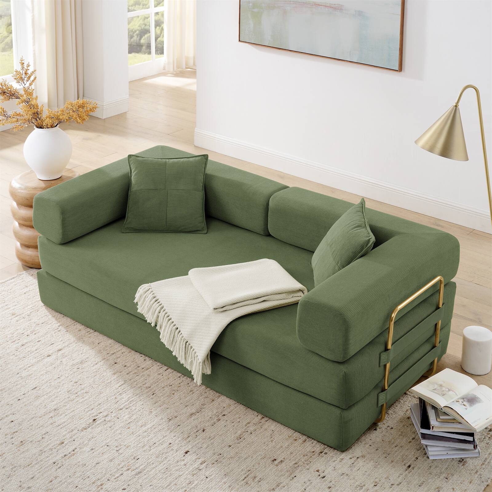 Left. Trinkets Crazed - 4-In-1 Free Combination Loveseat Convertible Sleeper Sofa Bed Floding Futon Couch Corduroy Modular Sofa Couch - Green.