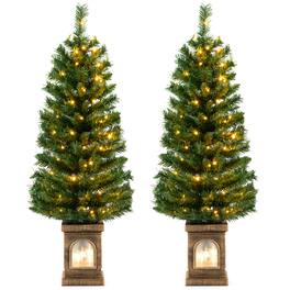Gymax - 2 PCS 4 FT Pre-Lit Potted Christmas Tree Artificial Entrance Tree w/ LED Lights & 160 Branch Tips - Green, Gold