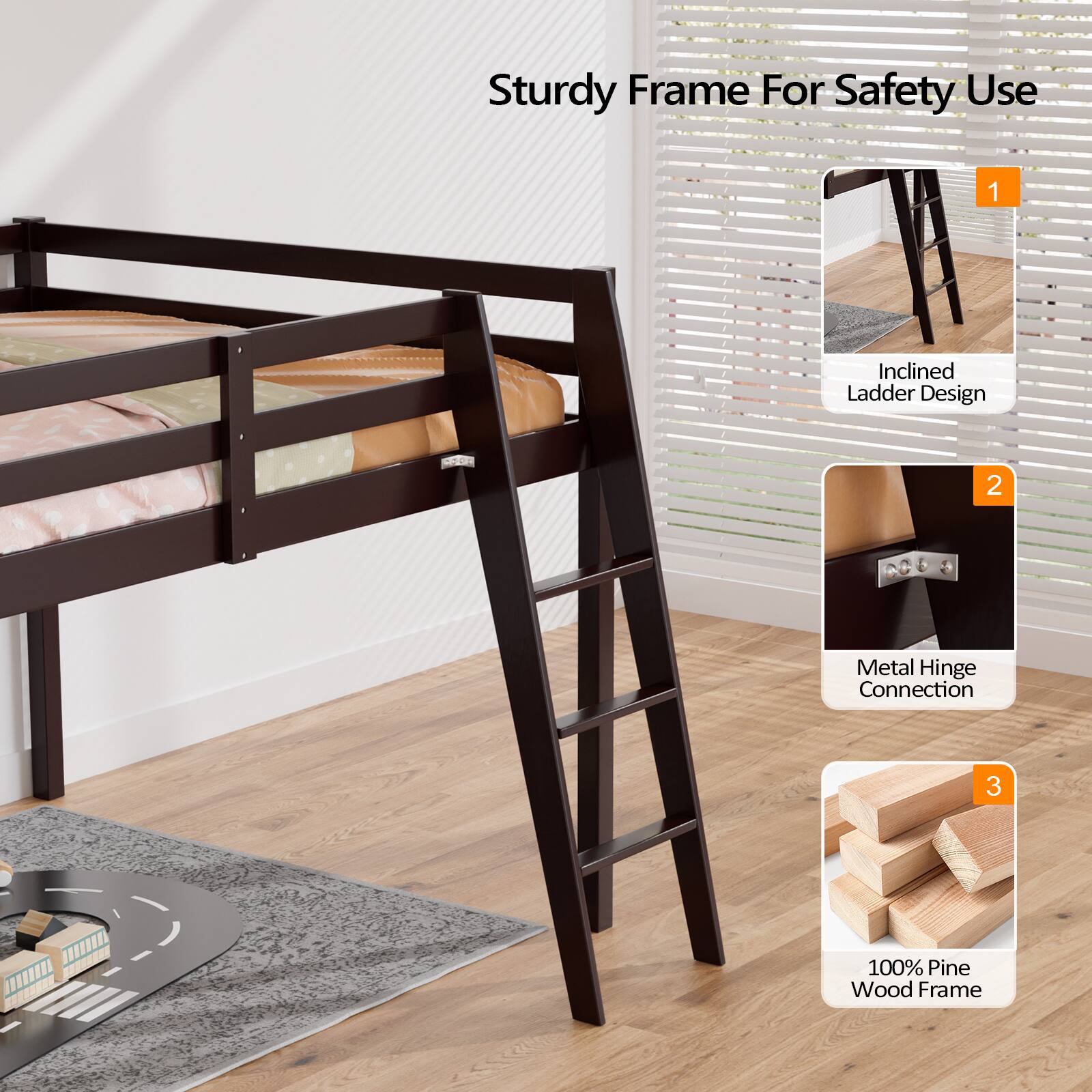 Sturdy Frame For Safety Use

1. Inclined Ladder Design
2. Metal Hinge Connection
3. 100% Pine Wood Frame