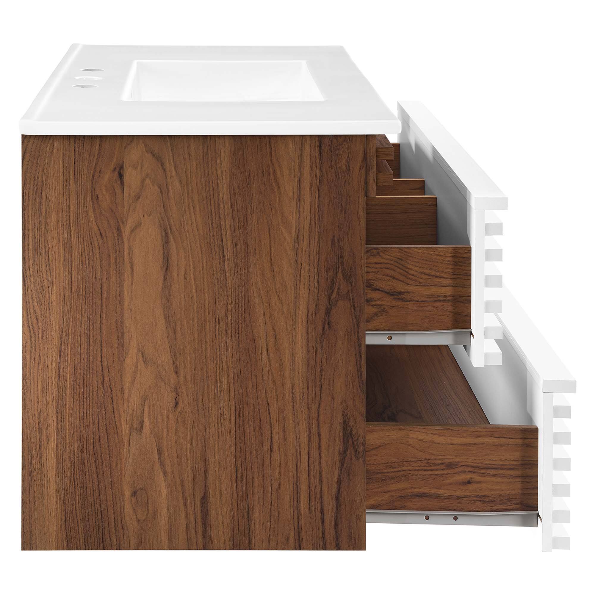 Alt View 2. Modway - Render Wall-Mount Bathroom Vanity with White Basin Included - White Walnut White.
