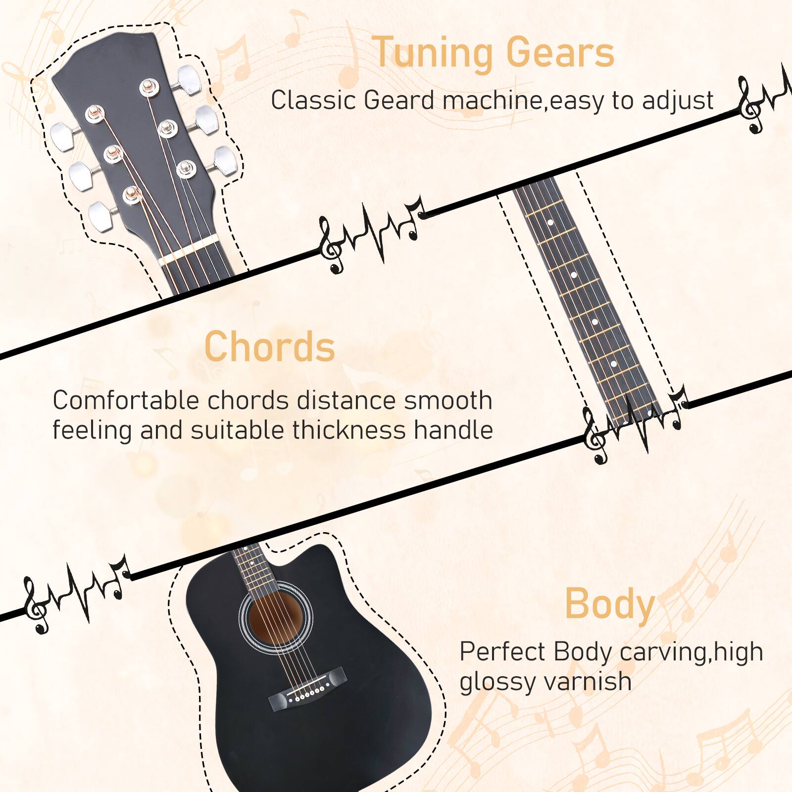 Tuning Gears  
Classic Gear machine, easy to adjust  

Chords  
Comfortable chords distance smooth feeling and suitable thickness handle  

Body  
Perfect Body carving, high glossy varnish