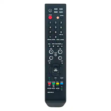TV DVO CABLA TB YLR POWER SOURCE 1 2 3 4 5 6 7 8 9 0 PRE-CH ANTENNA CH/MGR MECH E.SAVING REW STOP PLAY/PAUSE FF HI VOL CH + MUTE C - MENU EXIT ENTER INFO SLEEP PMODE S.MODE STILL PLCS MTS SMS SWAP AUTO/PROG ADG/OEL CAPTION CH BN50-00511A