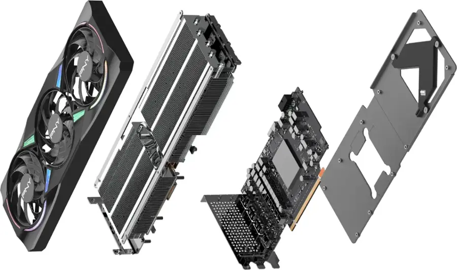 The image shows a computer tower with its components laid out on a white background. The tower is made up of a CPU, a motherboard, a hard drive, and a video card. The CPU is located on the left side of the tower, while the motherboard is in the middle. The hard drive is positioned to the right of the motherboard, and the video card is placed on the right side of the tower. The components are all visible and appear to be in good condition.
