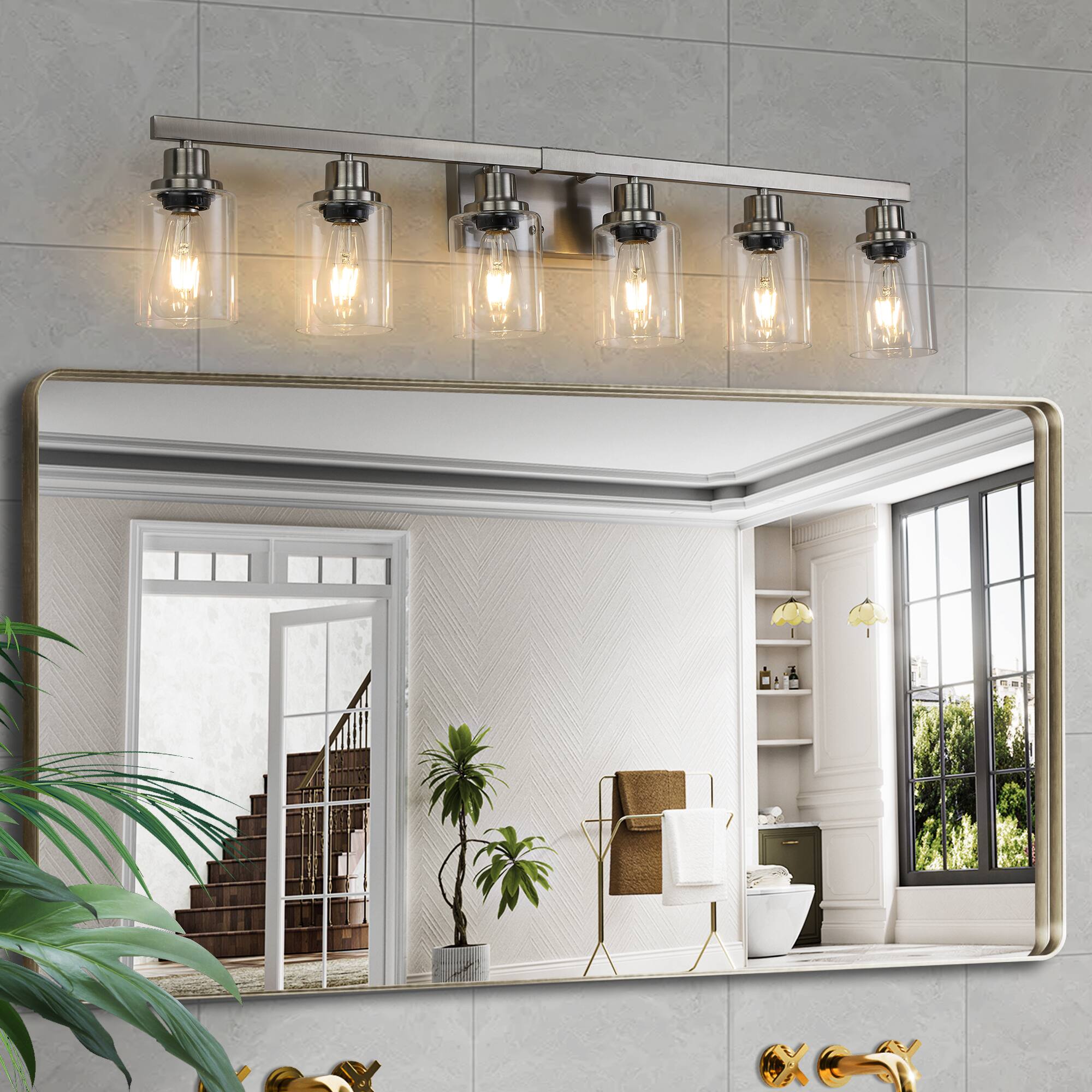 Angle. APRILSOUL - 37 Inch Modern 6-Light Bathroom Vanity Light Fixture - Brushed Nickel Finish with Clear Glass Shades No Bulbs.