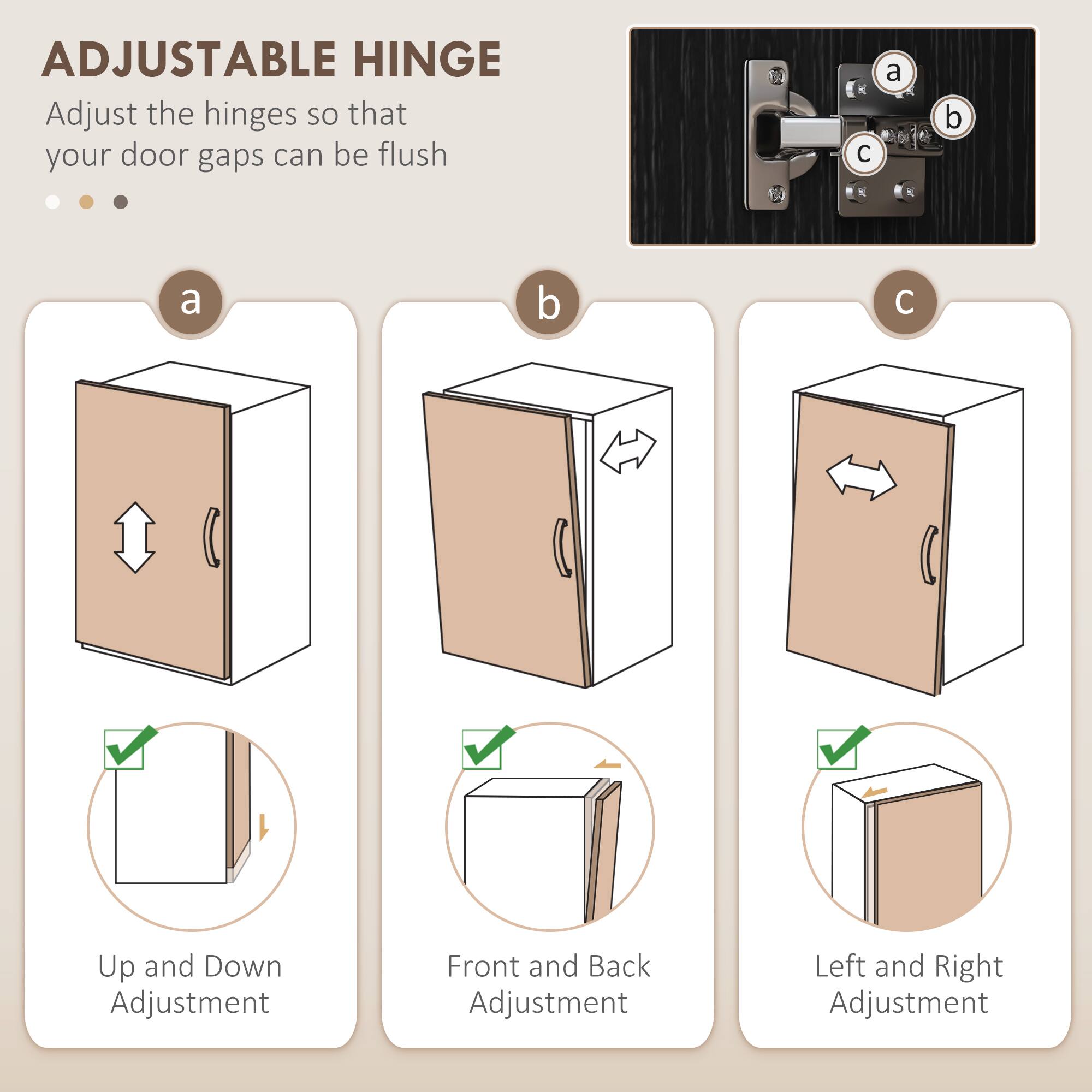 ADJUSTABLE HINGE Adjust the hinges so that your door gaps can be flush  a b c  Up and Down Adjustment Front and Back Adjustment Left and Right Adjustment