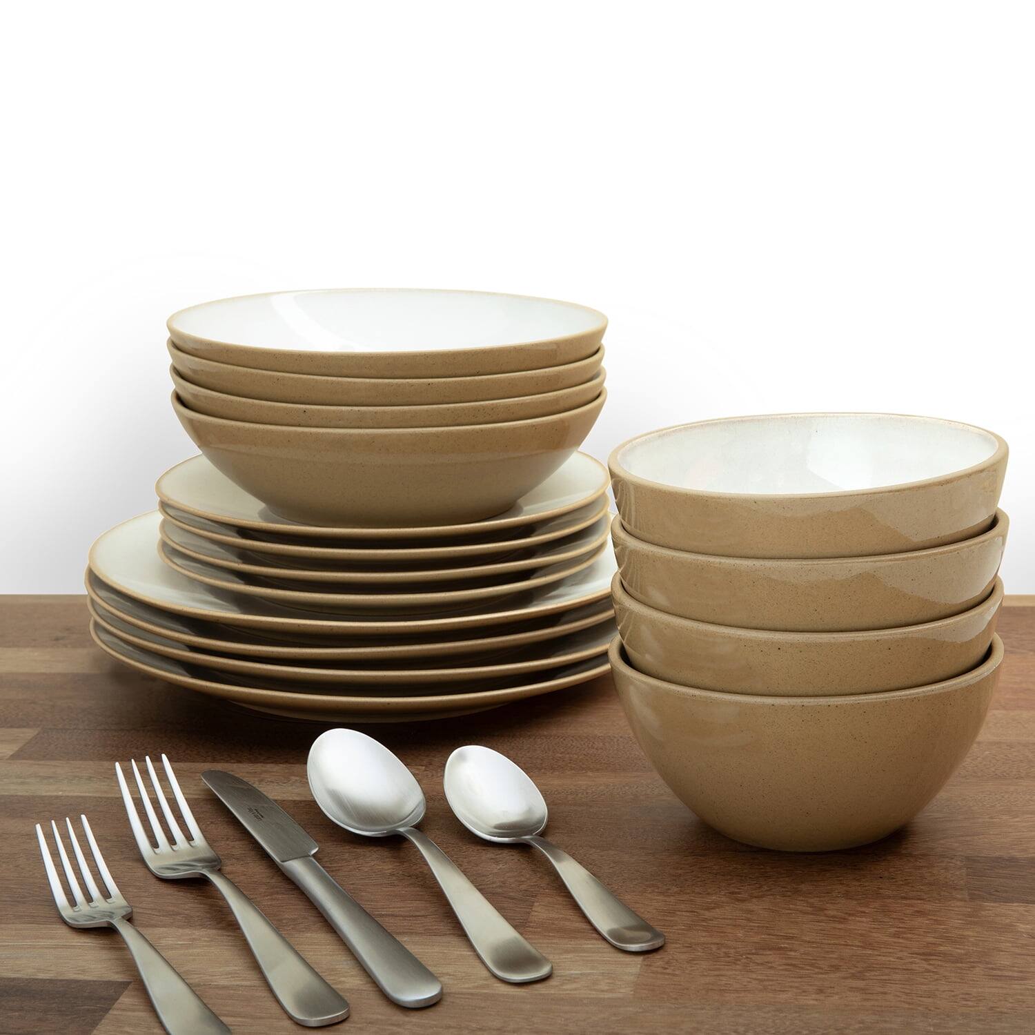 Angle. Larder & Vine - 16-Piece Classic Dinnerware Set for 4, Ceramic Stoneware Made in Portugal - Sand.