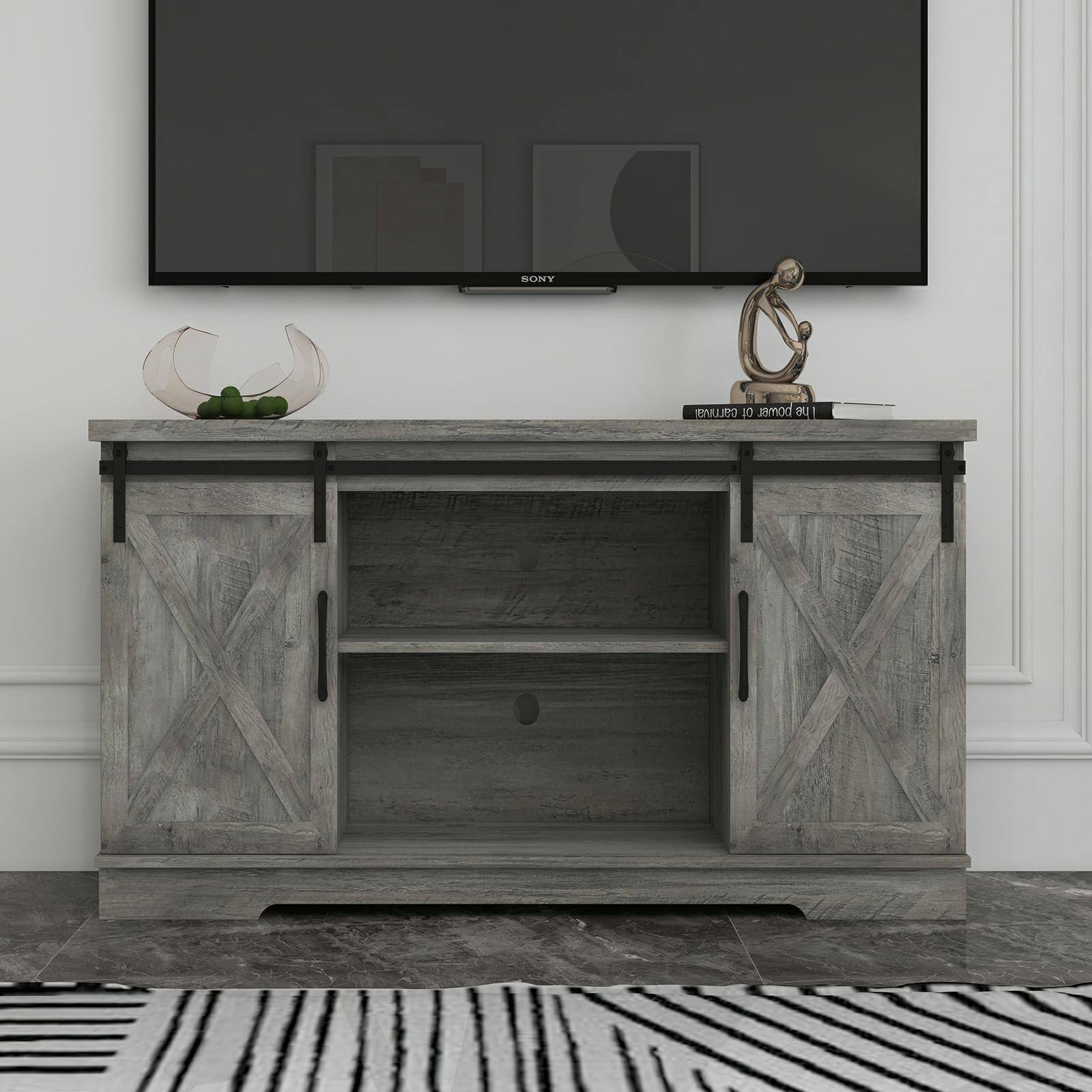 Acekool - Farmhouse TV Stand for 65 Inch TV Media Console Cabinet, Grey - Gray