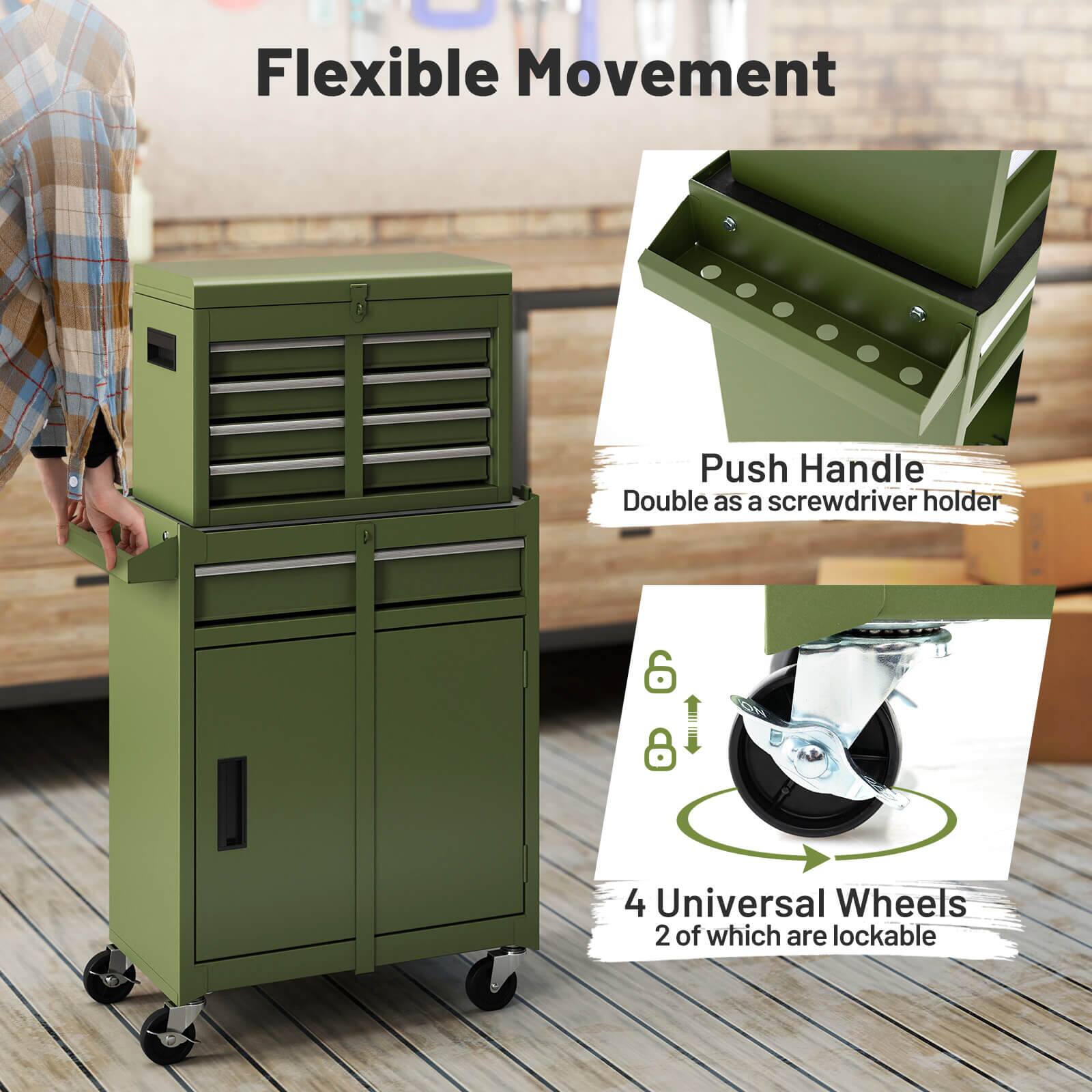 Flexible Movement

Push Handle Double as a screwdriver holder

4 Universal Wheels 2 of which are lockable