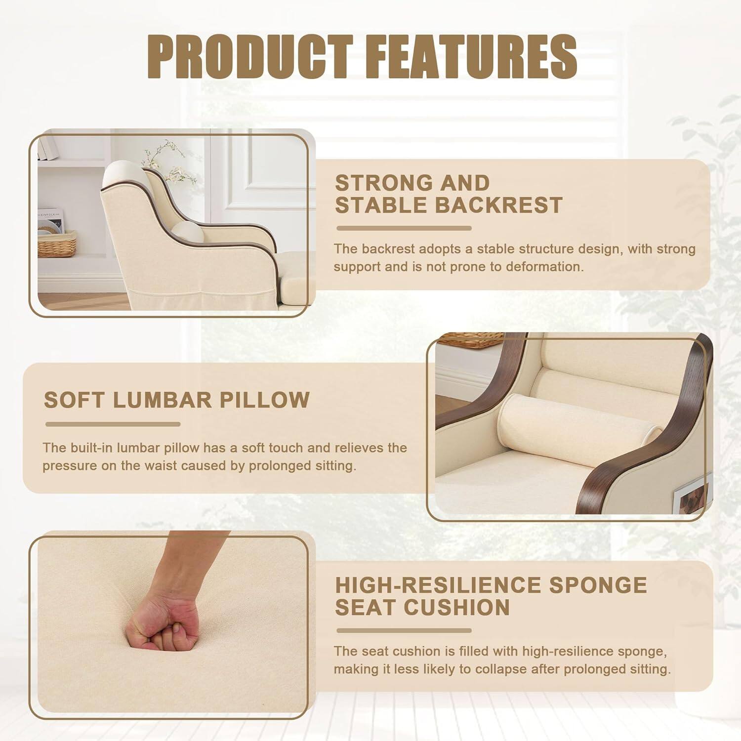 PRODUCT FEATURES

STRONG AND STABLE BACKREST  
The backrest adopts a stable structure design, with strong support and is not prone to deformation.

SOFT LUMBAR PILLOW  
The built-in lumbar pillow has a soft touch and relieves the pressure on the waist caused by prolonged sitting.

HIGH-RESILIENCE SPONGE SEAT CUSHION  
The seat cushion is filled with high-resilience sponge, making it less likely to collapse after prolonged sitting.